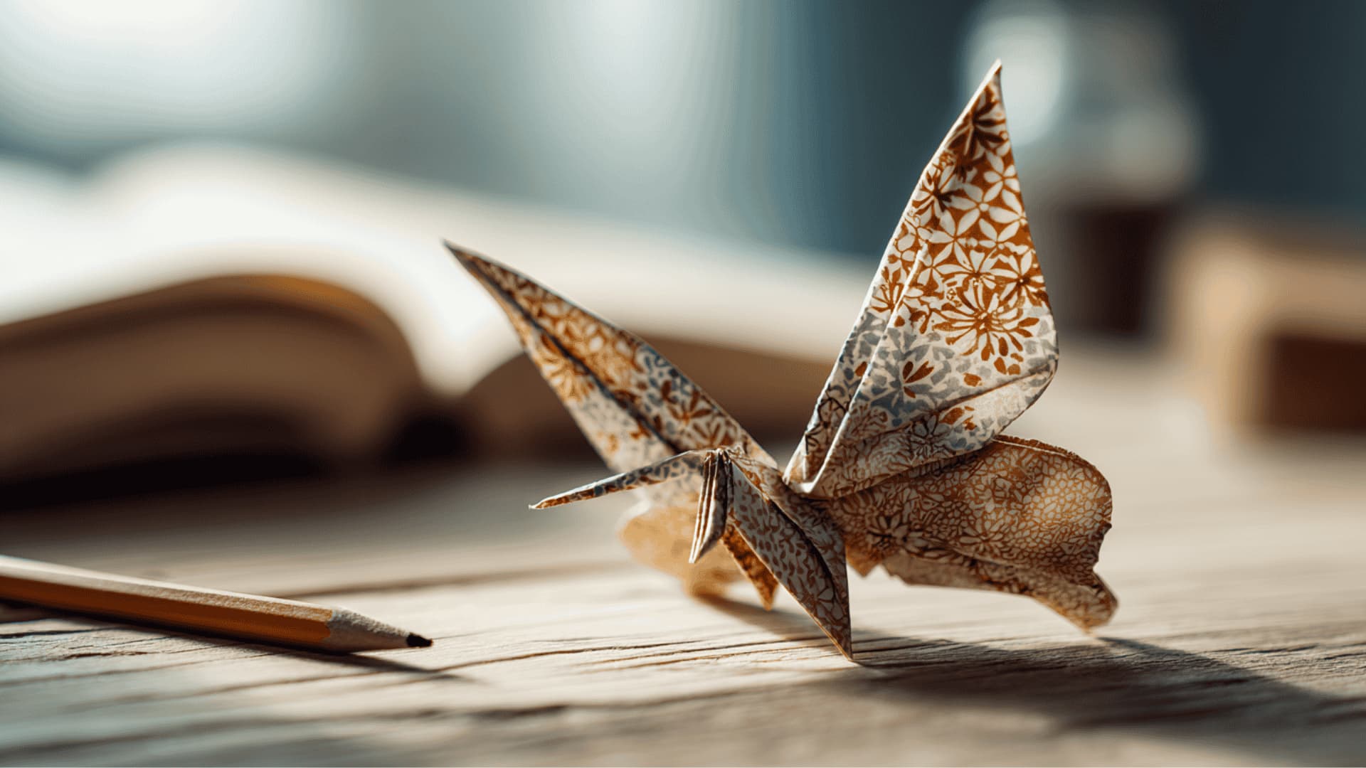 Colorful origami butterfly folded from patterned paper on a craft table with origami sheets in the background