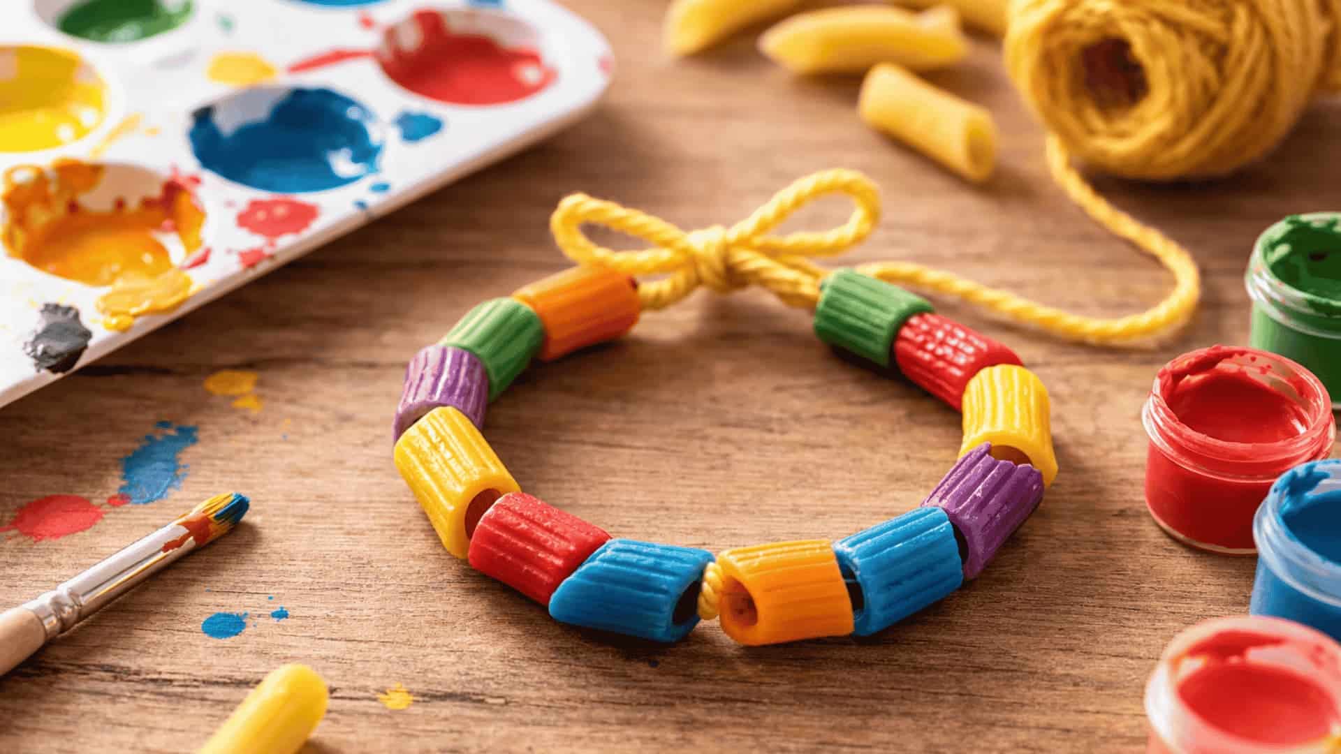 Colorful painted pasta bead bracelet on craft table with dry pasta paint pots and yarn spool in background
