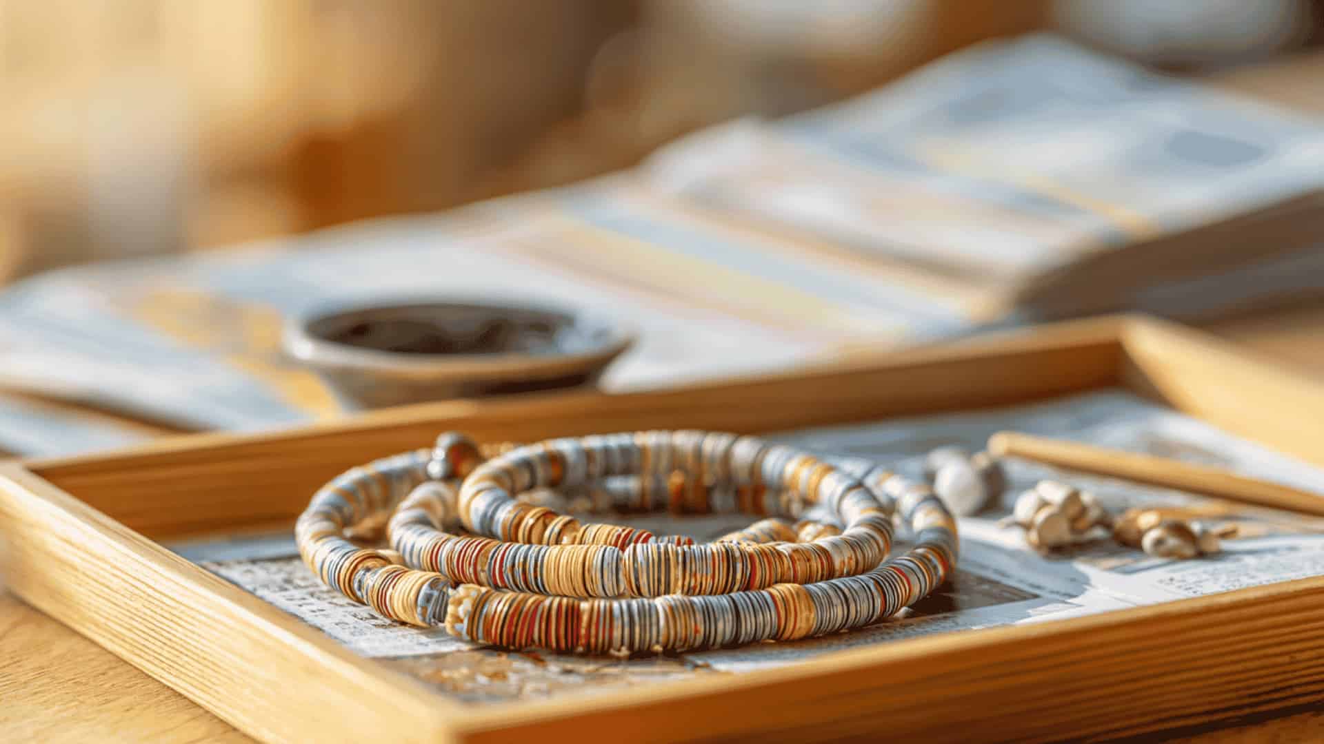 Colorful rolled magazine paper bead necklace on a wooden craft tray with magazine pages and a glue stick nearby
