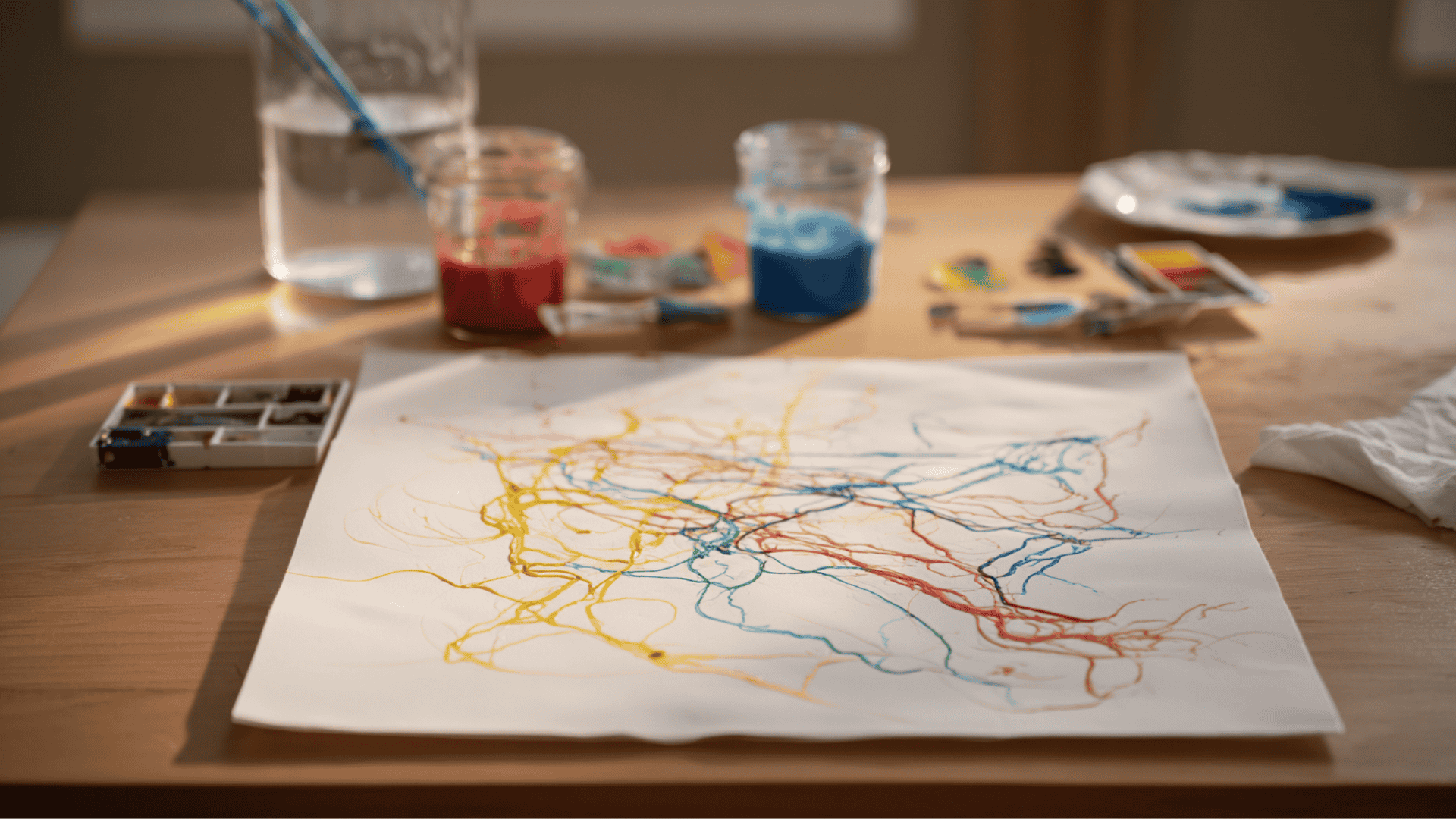 Colorful straw blow art with branching paint designs on white paper on a craft table with paint drops and straws.