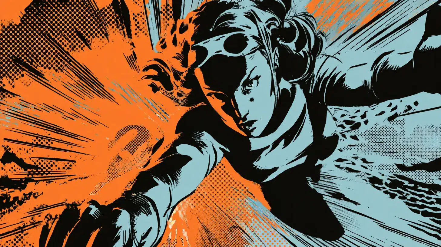 Comic book-style action scene with bold ink lines, dramatic shadows, and subtle halftone texture for a print-like look