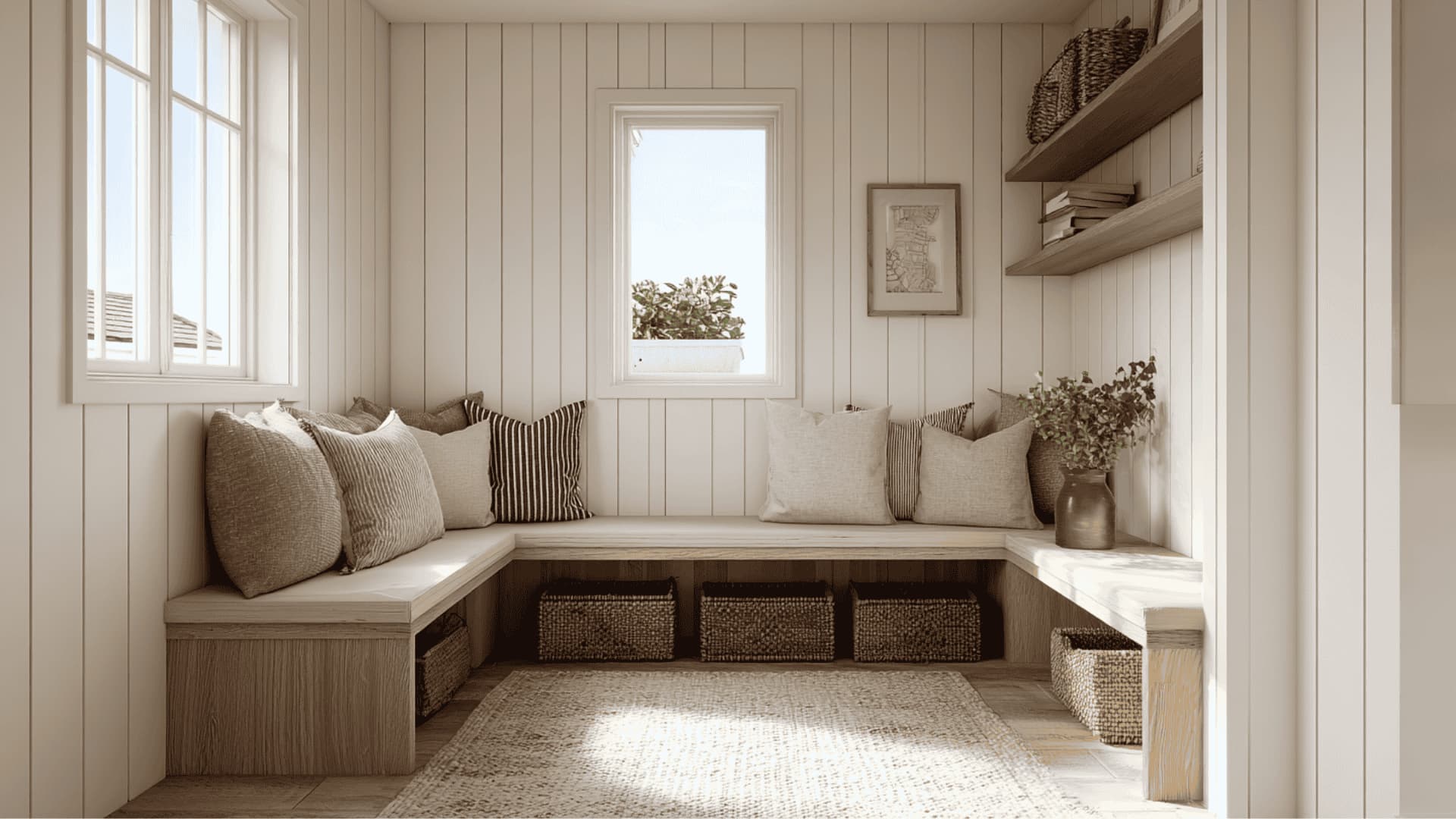 Corner mudroom nook with L-shaped bench and under-seat storage baskets.