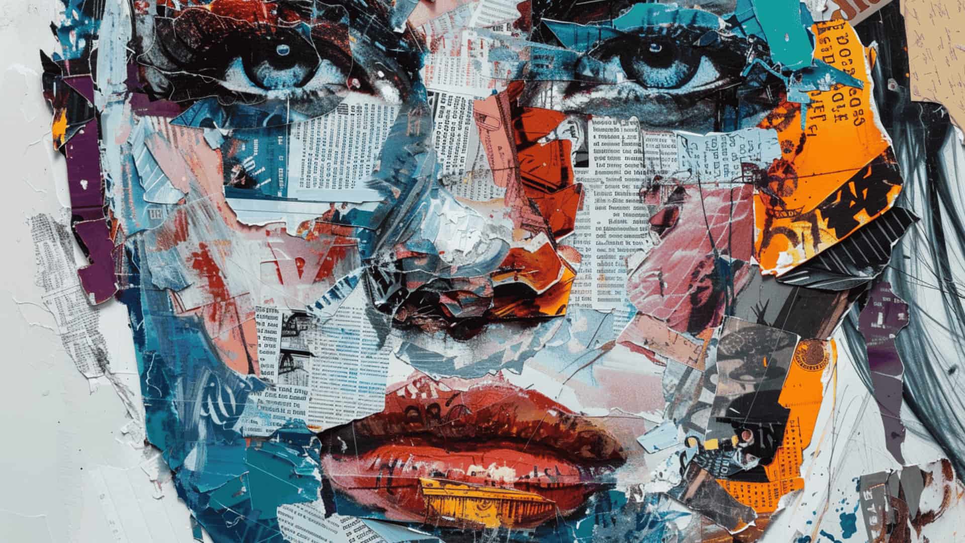 Creative mixed media portrait made with magazine cutouts, typography collage, and painted details.