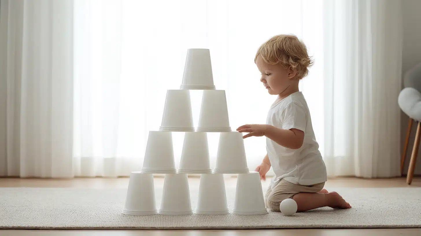 Toddler knocking down a stacked cup tower with a soft ball during an easy at-home learning game.