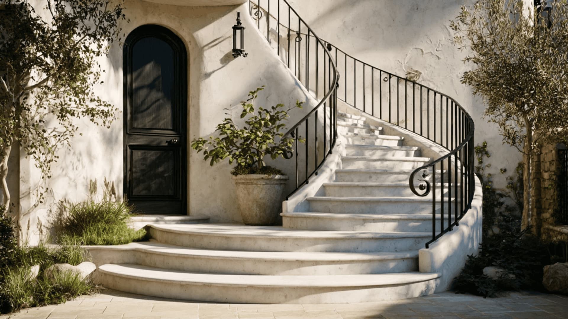a curved staircase entry