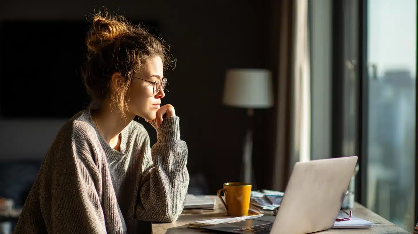 Person reading a daily mental health tips email on a laptop at a desk