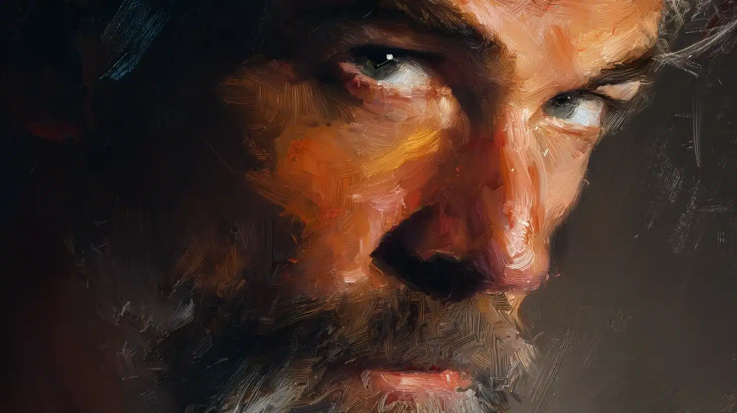 A realistic digital painting portrait with visible brush strokes, layered colors, rich shading, and warm cinematic lighting on a clean background.