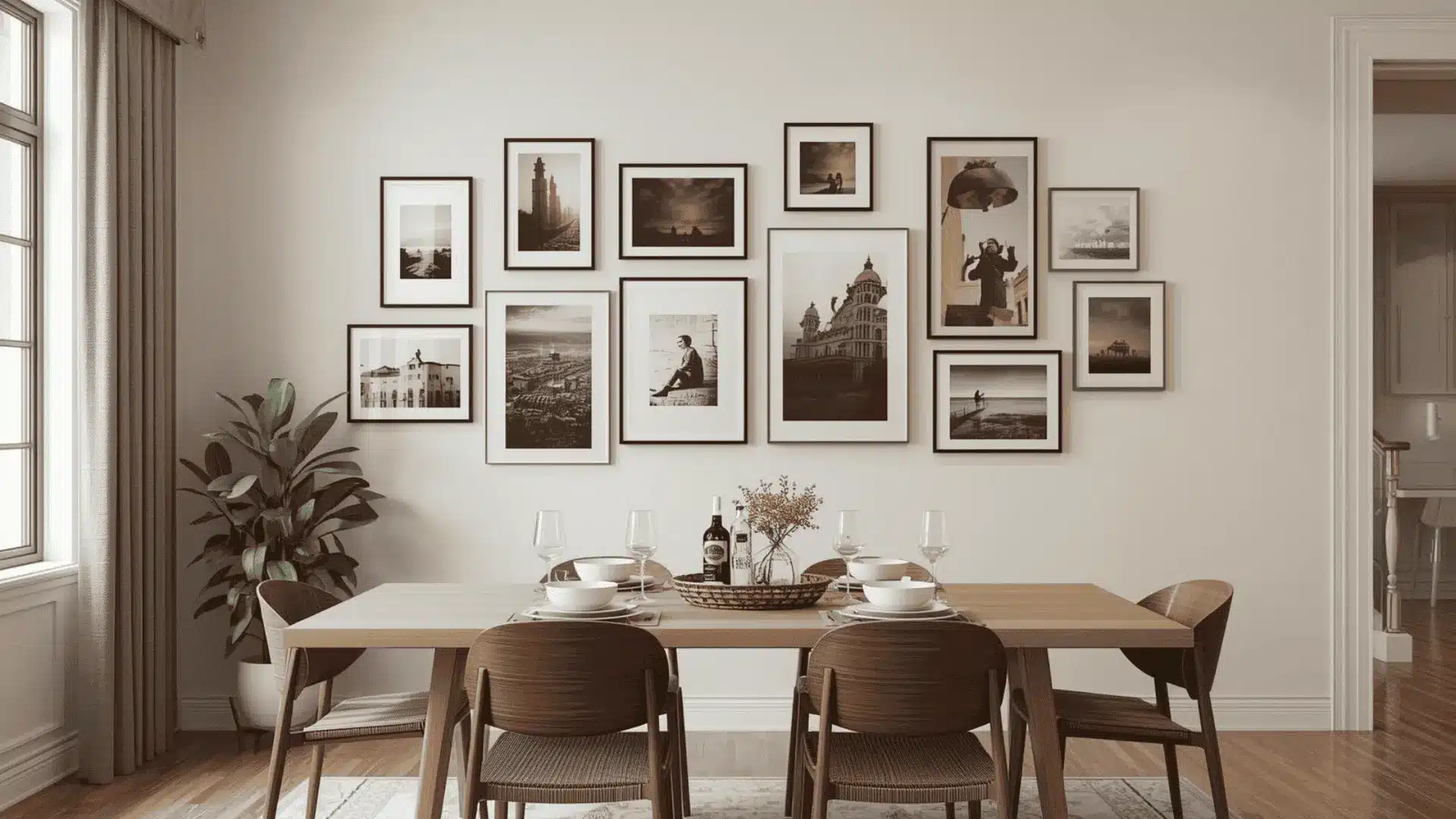 Dining room gallery wall facing the table, cohesive prints and photos in matching tones, balanced spacing