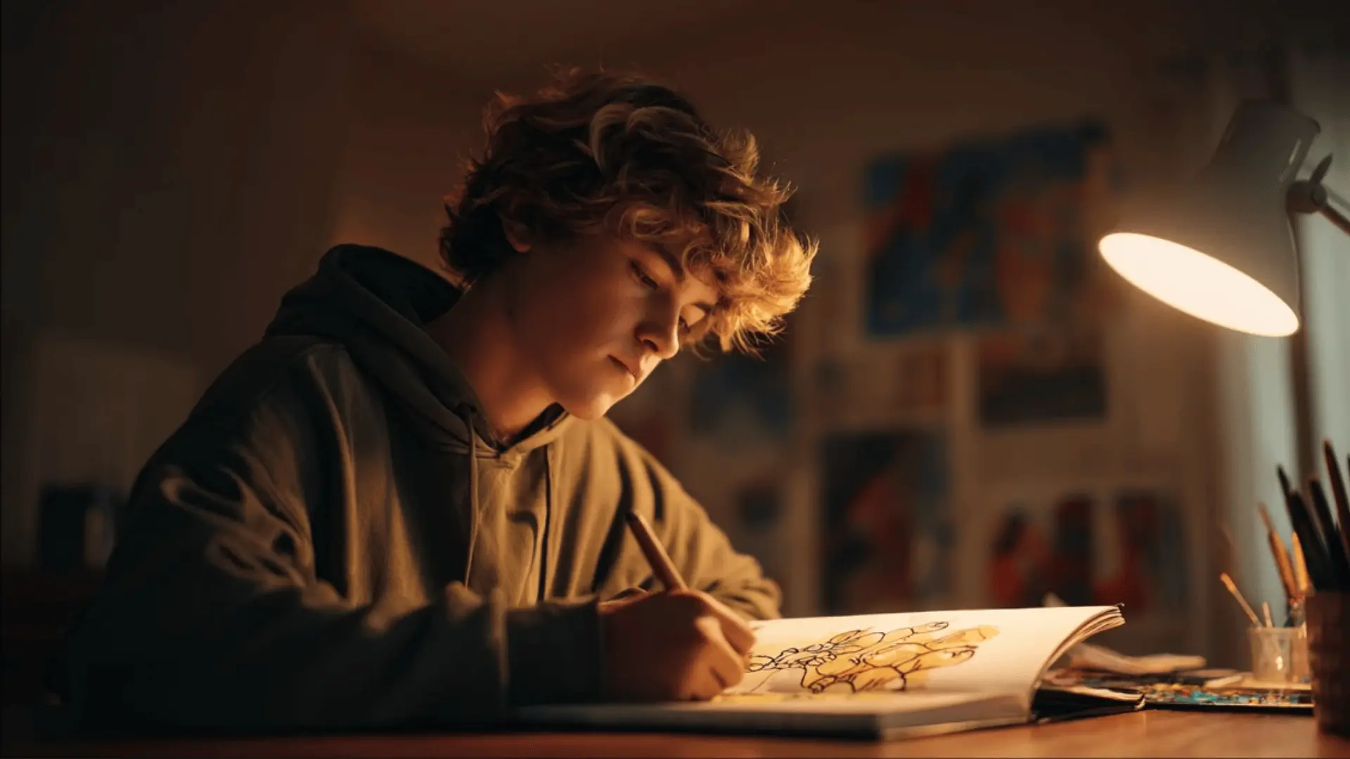 a teen sketching surreal dreamlike images under a desk lamp