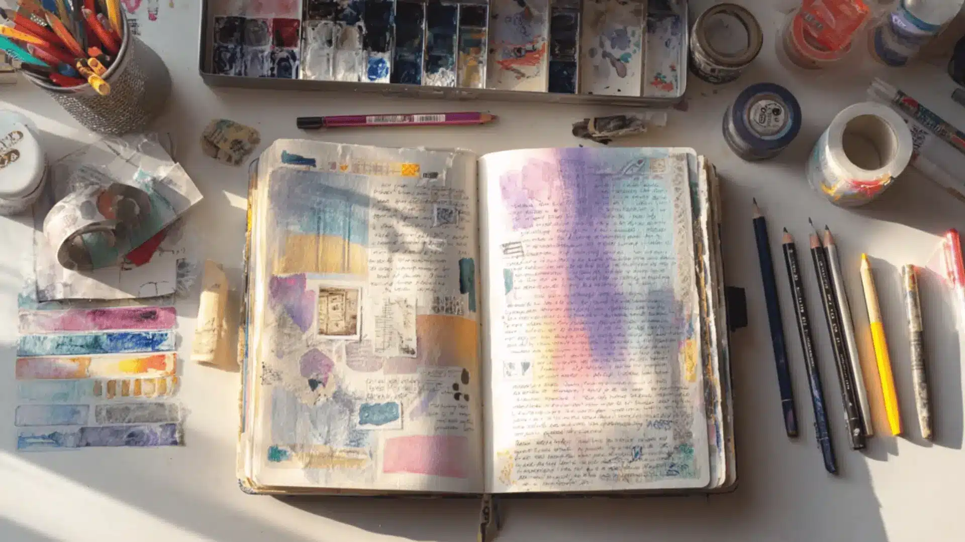 open journal blending emotion words, watercolor, and symbolic drawings