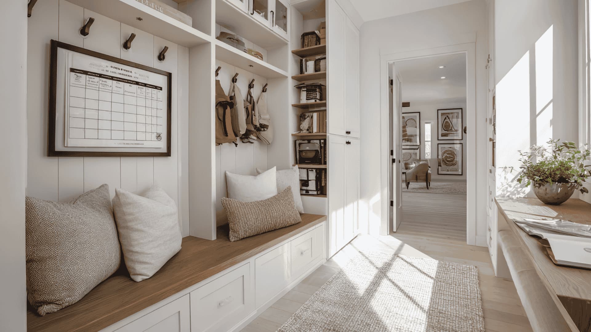 Mudroom family command center with wall calendar, mail sorter, and bench seating.