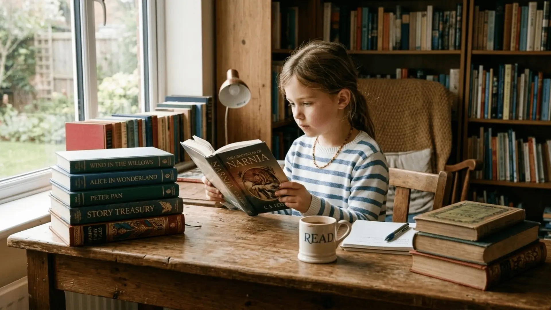 A young child reading at a desk, surrounded by books, focused and inspired, showing the power of authors and world leaders.