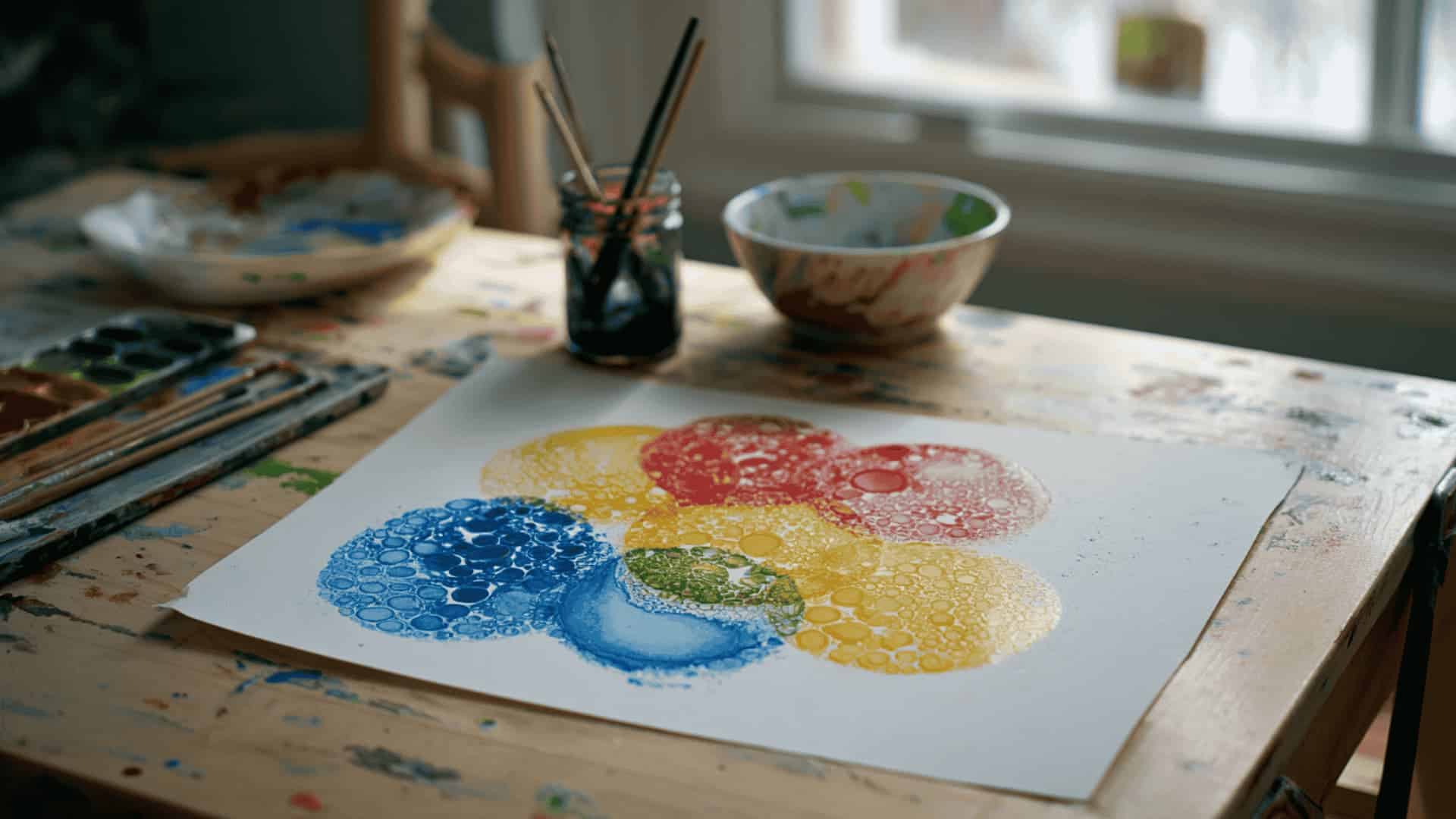 Finished bubble painting with overlapping colorful prints on a paint-splattered table with bowls and straws nearby