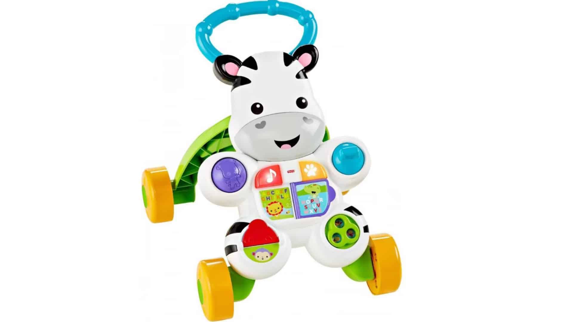 Fisher Price zebra push walker toy with blue handle and colorful buttons, shown as a clean product image on white.