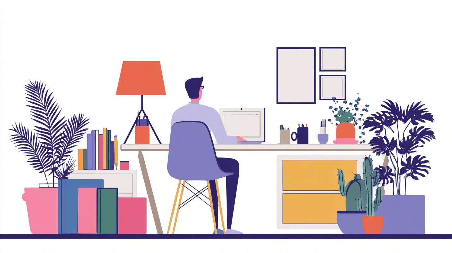 Flat illustration with bold shapes, clean color blocks, minimal shading, and a simple modern scene designed for web or app visuals