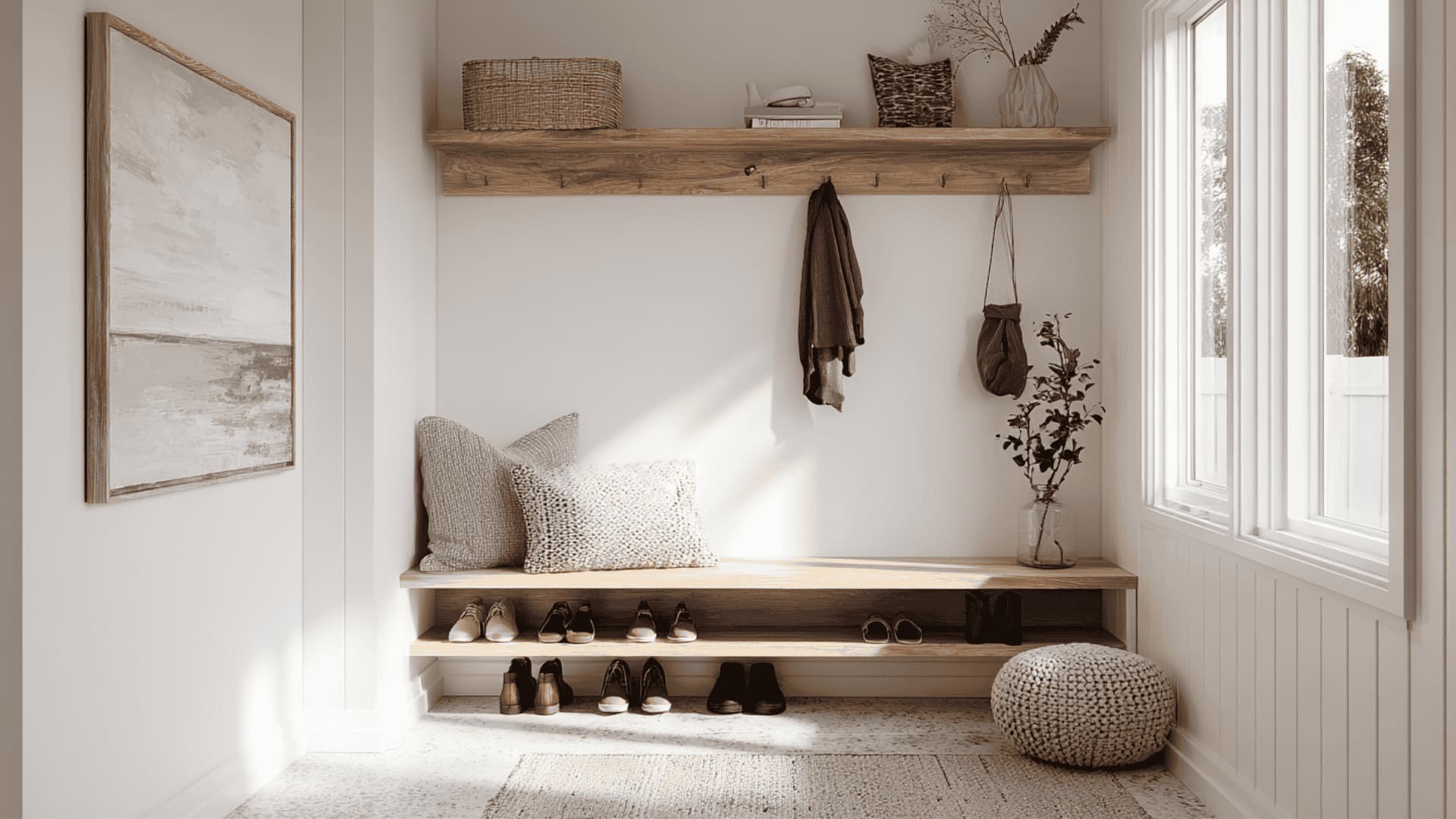Small mudroom with a floating bench and an open space beneath for shoes.