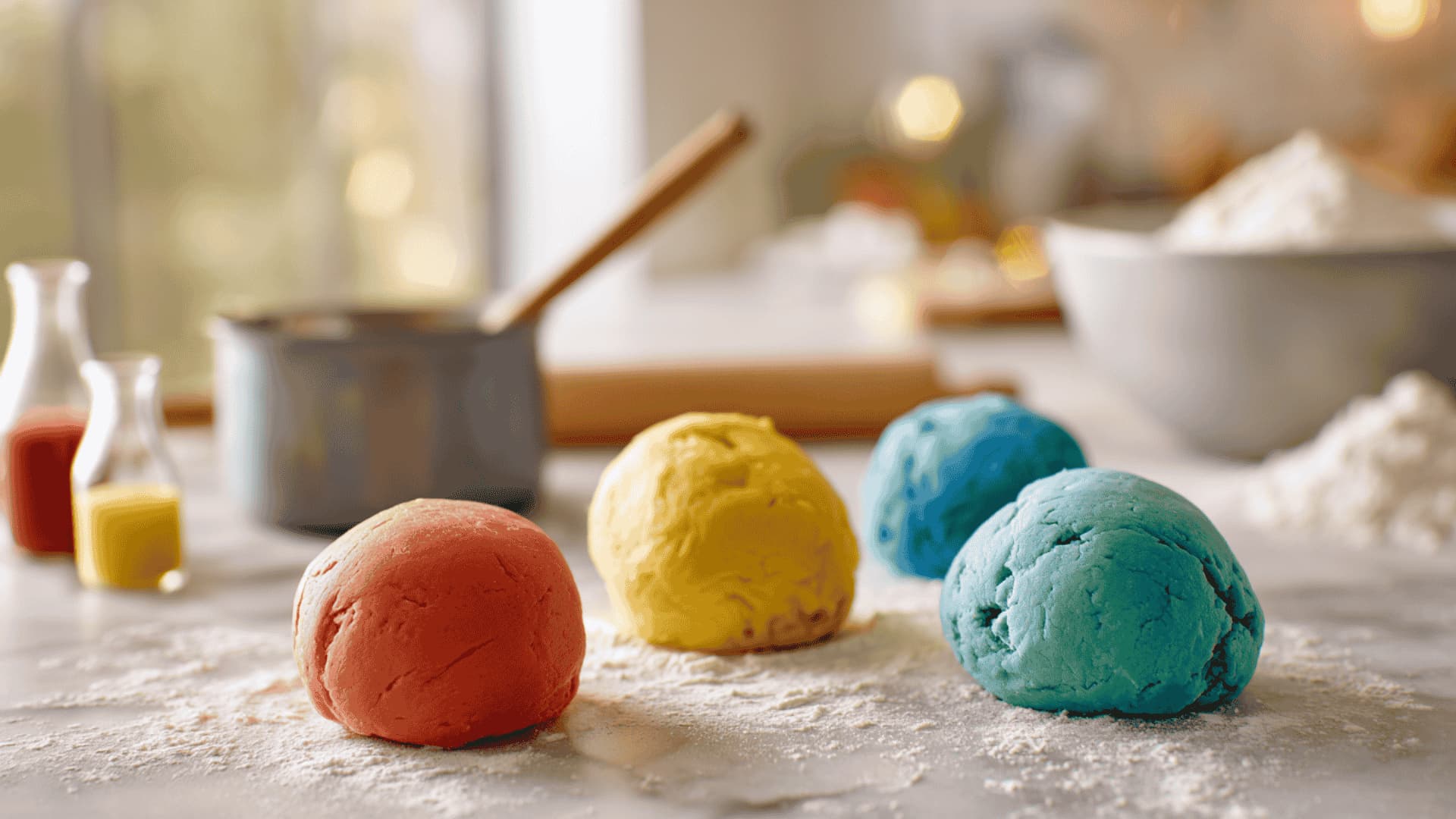 Four smooth playdough balls in red, yellow, blue, and green on a floured kitchen counter with food coloring and a mixing bowl