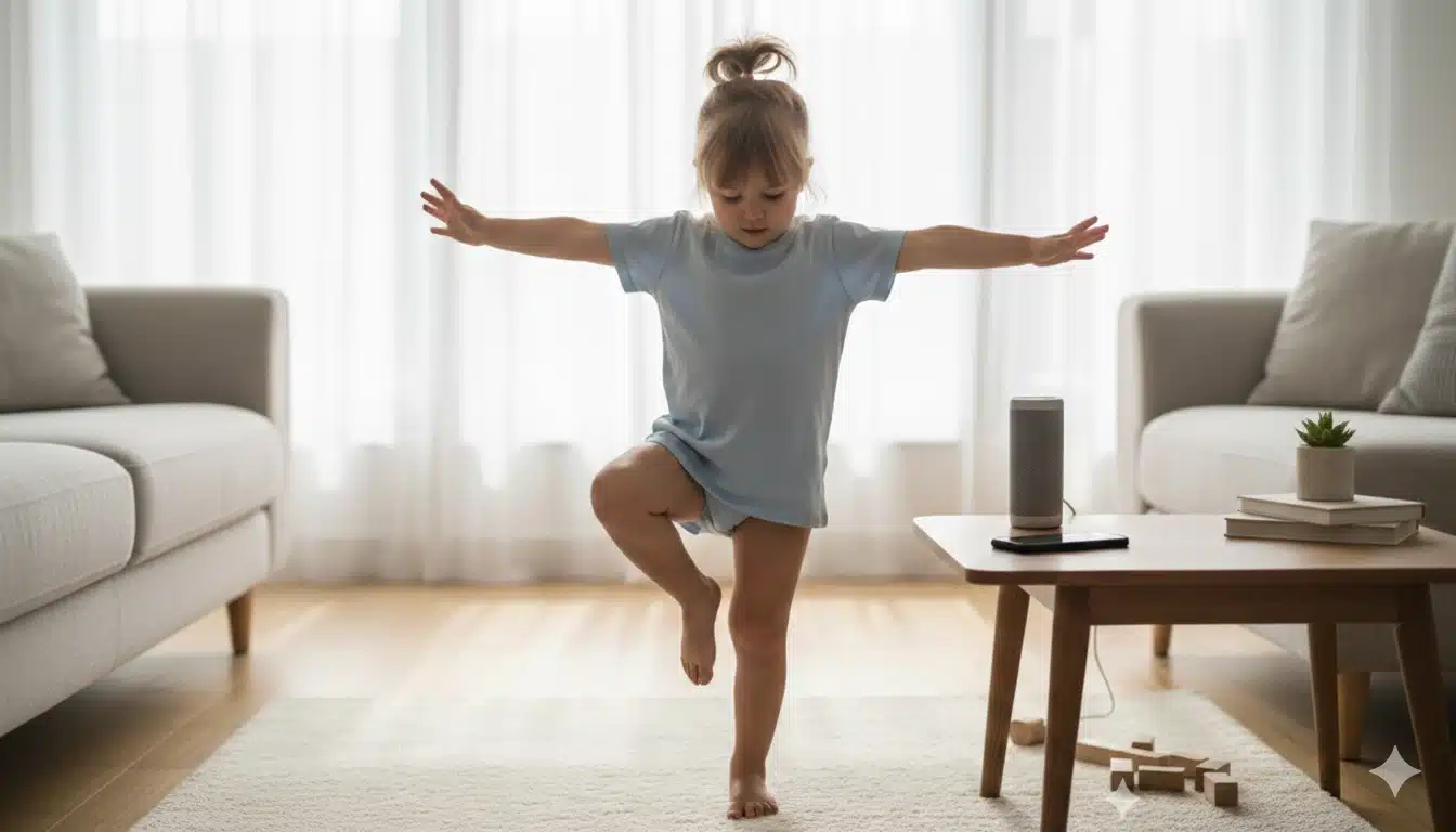Toddler freezing on one foot during a freeze dance game to practice listening, balance, and self-regulation.