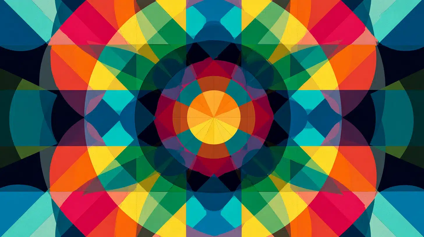 Symmetrical geometric artwork made of repeating shapes and patterns with bold, structured color and a strong graphic impact.