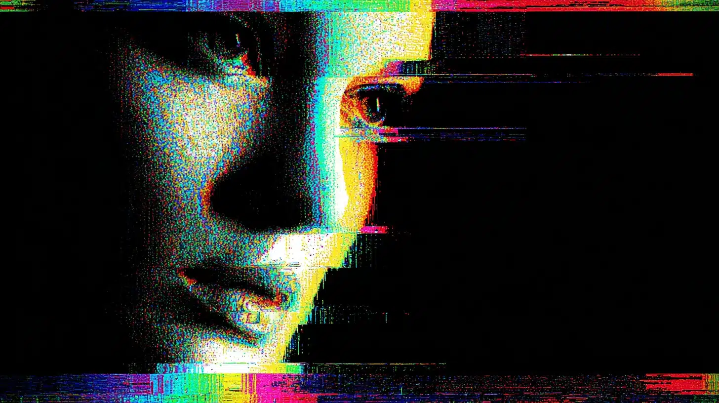 Glitch art portrait with intentional digital distortion, RGB channel shifts, scanline noise, and corrupted signal effects