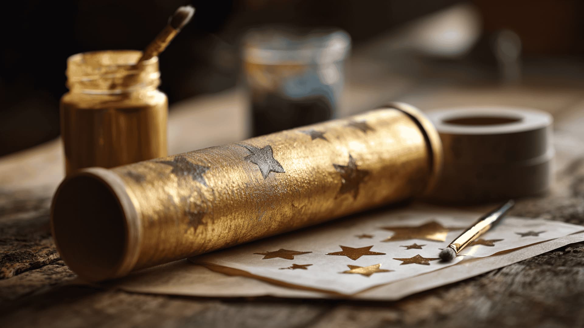 Gold painted toilet paper roll telescope with star stickers on a wooden desk with a paint jar and washi tape