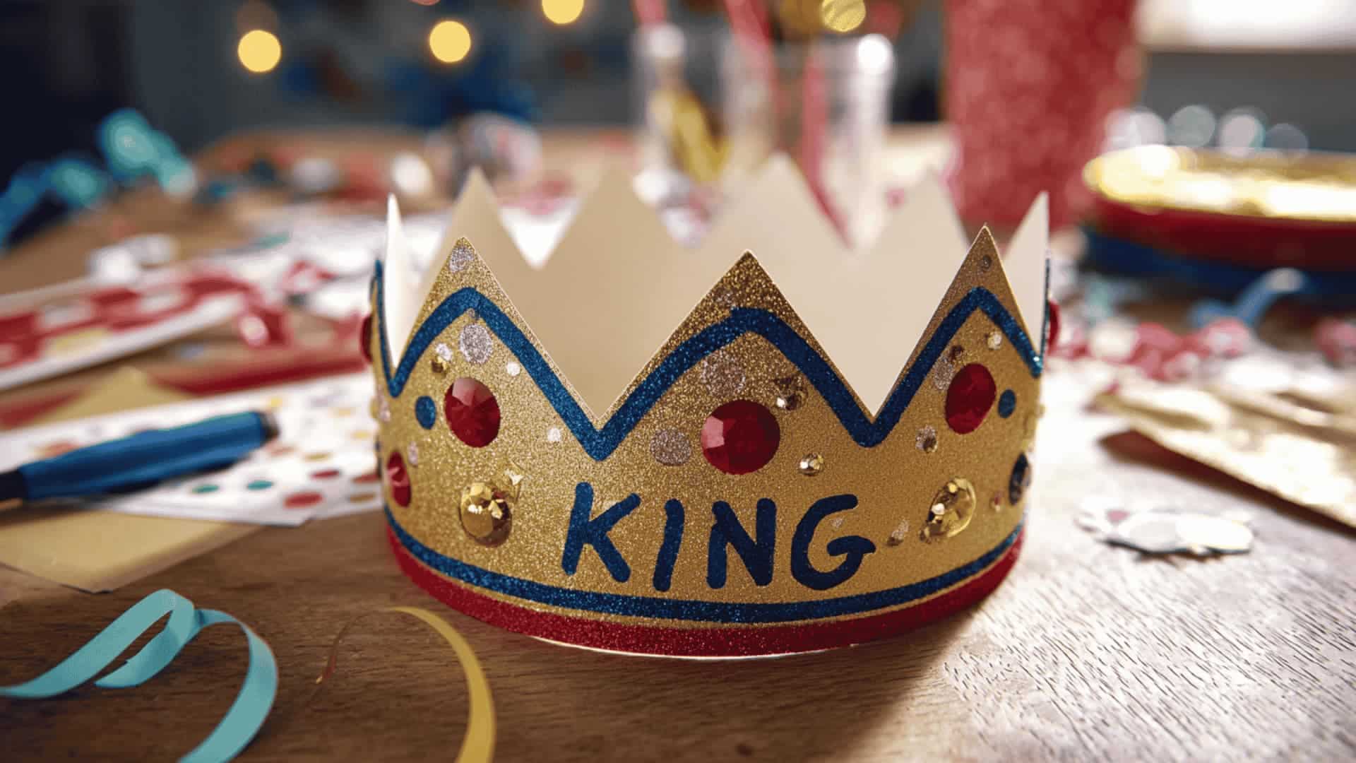 Gold paper crown with gem stickers and glitter glue on a festive craft table with scissors, streamers, and cardstock