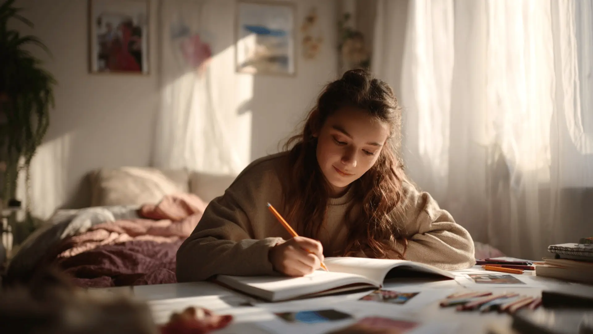 teen creating gratitude art page in warm sunlight
