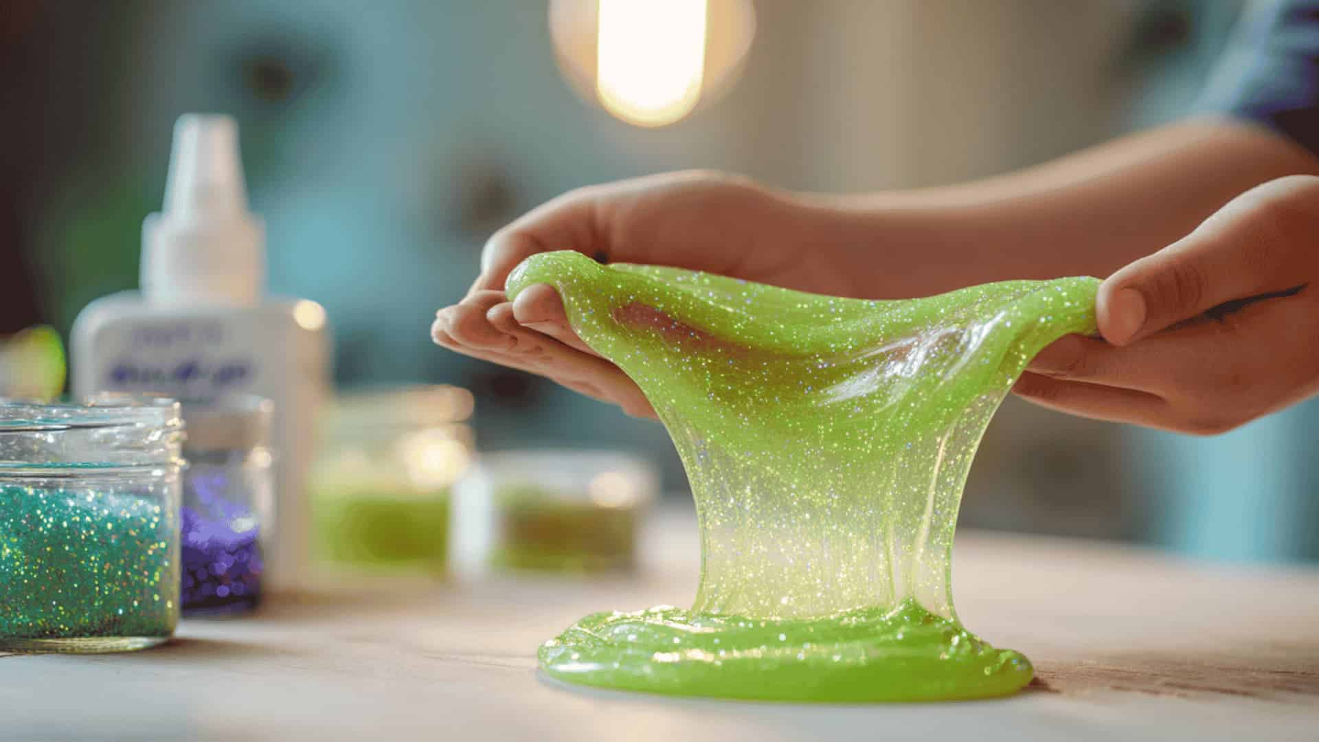 Green glittery slime being stretched between small hands on a craft table with a glue bottle and glitter jars nearby