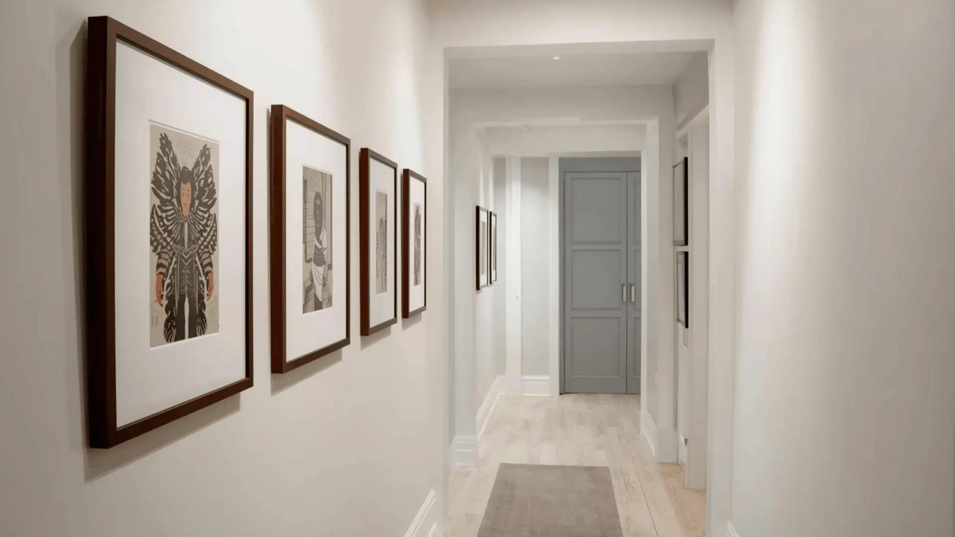 Narrow hallway with a single row of slim frames at eye level, clean spacing, simple and tidy look