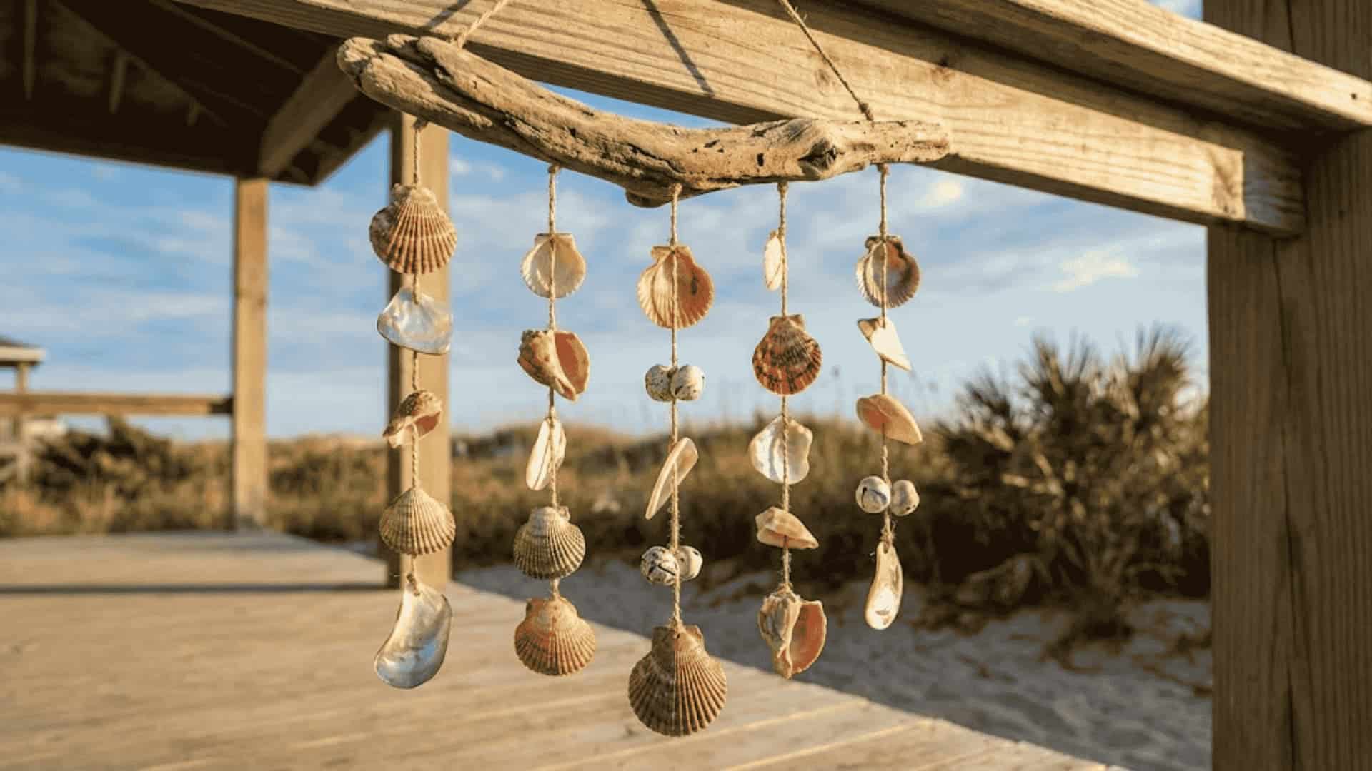 Handmade shell wind chime hanging from sunlit porch beam with driftwood top and seashells on coastal strings
