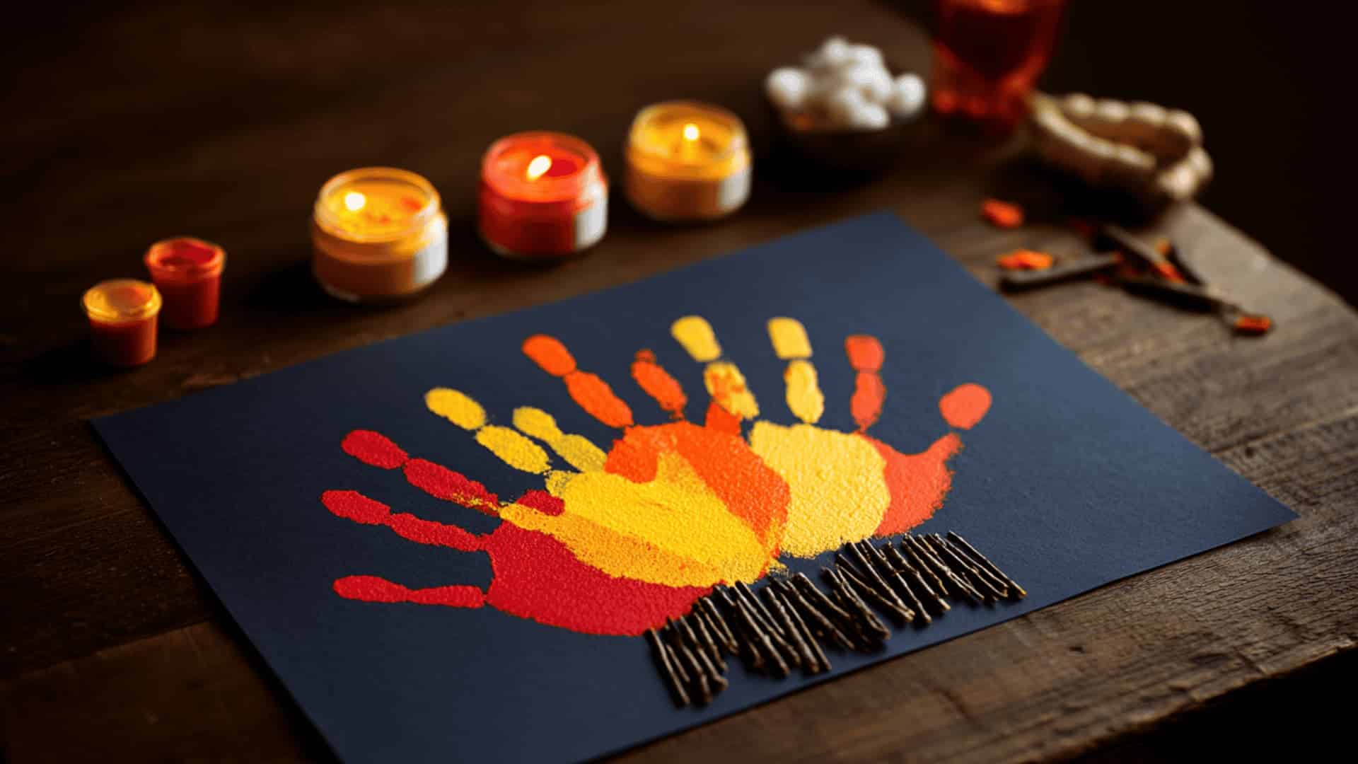 Handprint campfire art on dark navy paper with twig base and flame-colored prints on desk with paint pots nearby