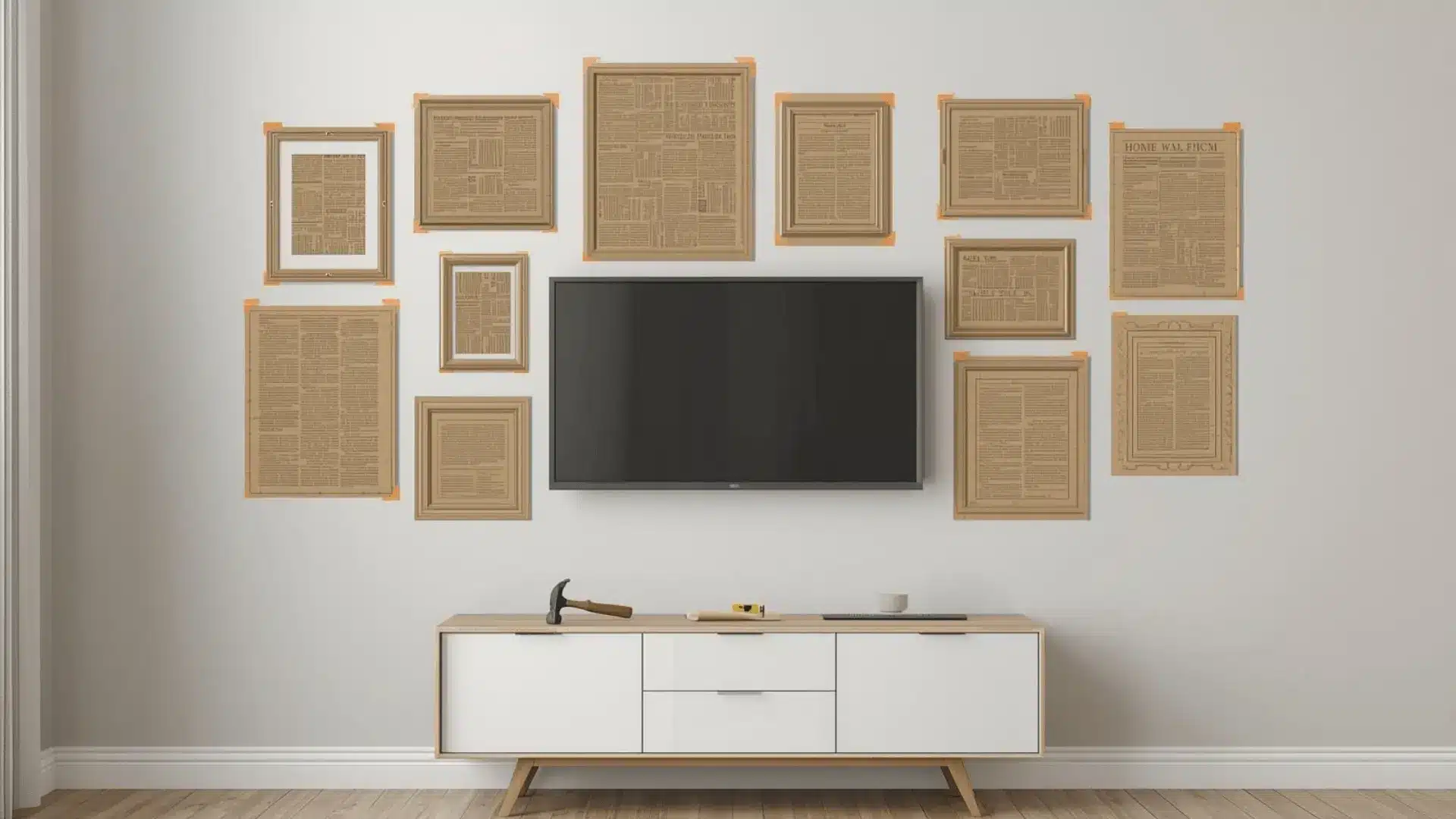 Paper templates taped before hanging frames