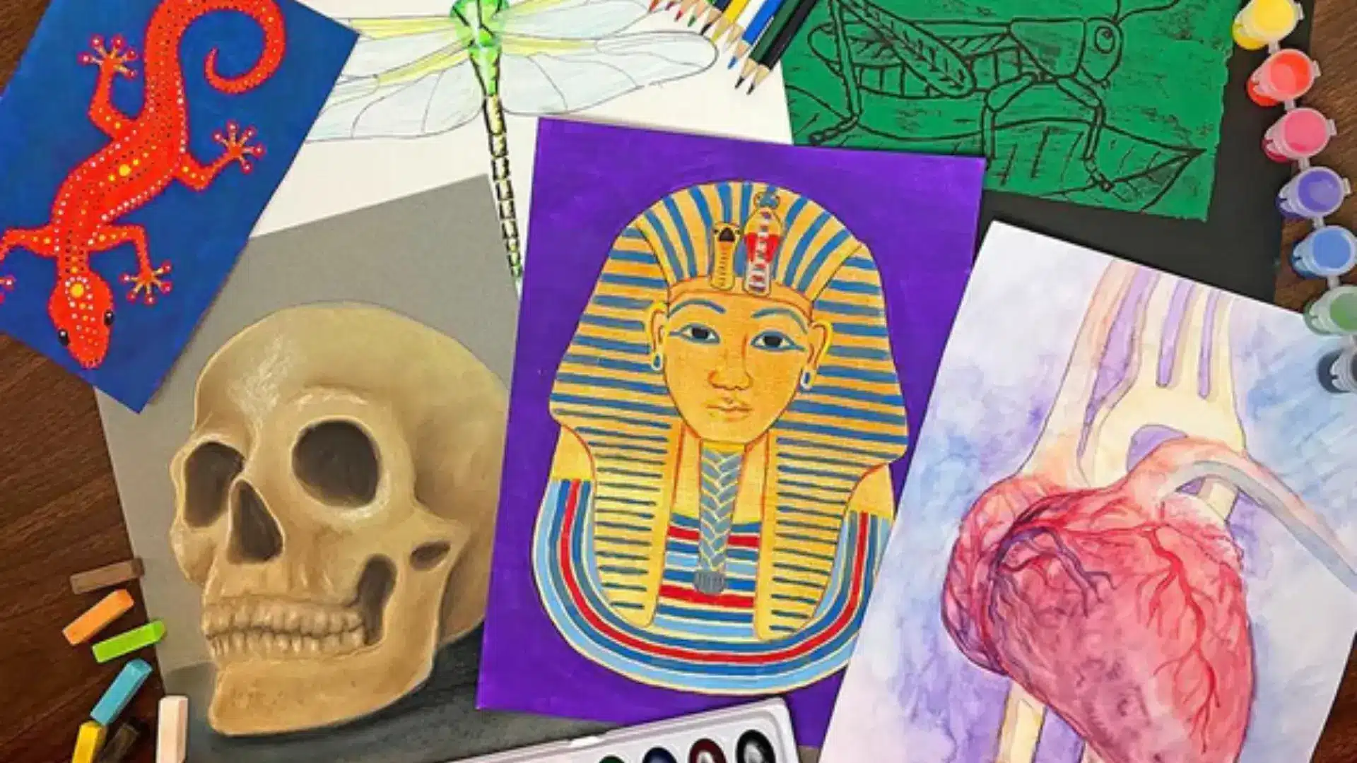Homeschool art samples on a table- gecko painting, skull study, Egyptian pharaoh portrait, and paint pots.