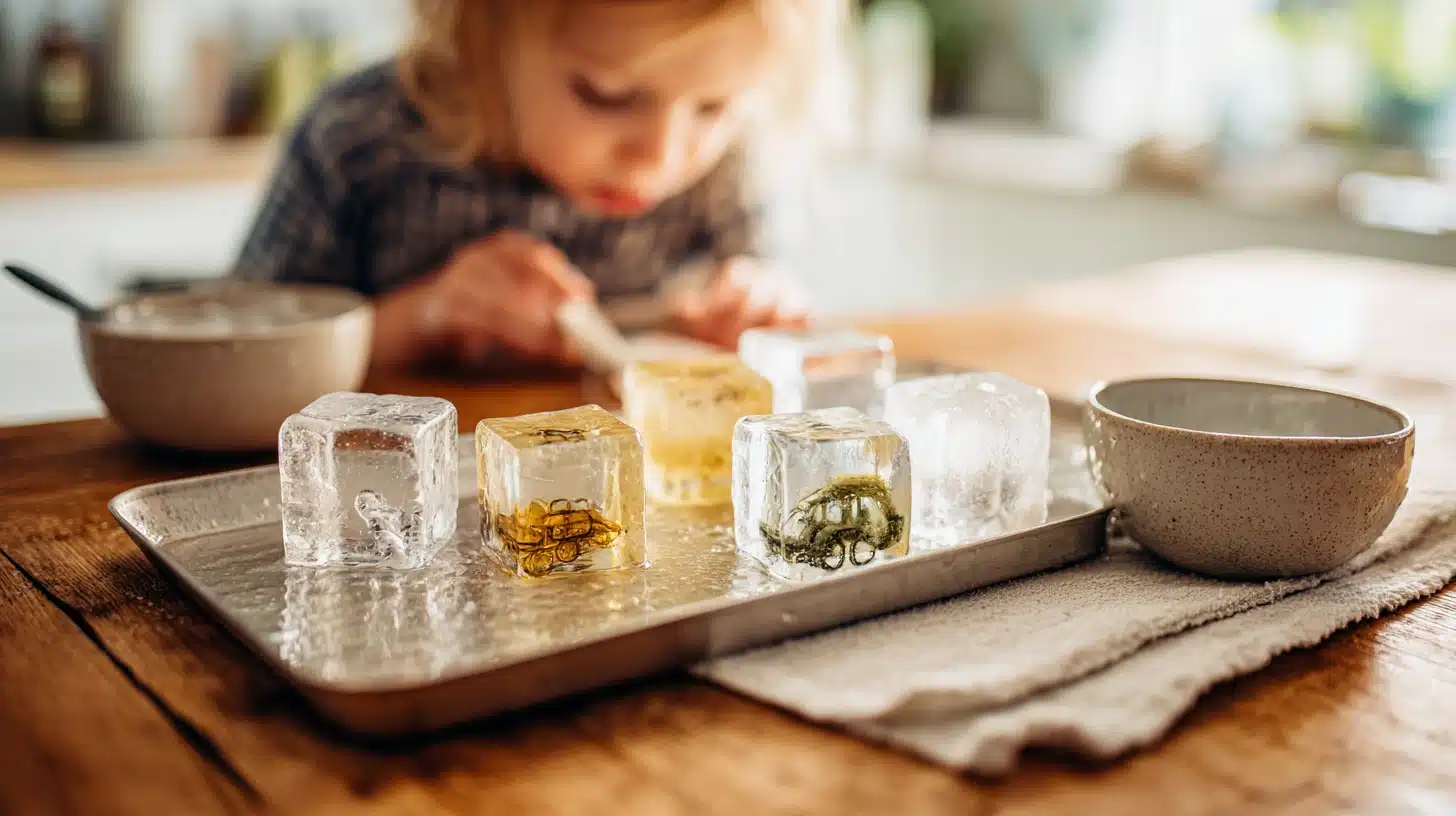 Toddler pouring warm water on ice cubes to rescue small toys and explore cause and effect in a simple science activity.