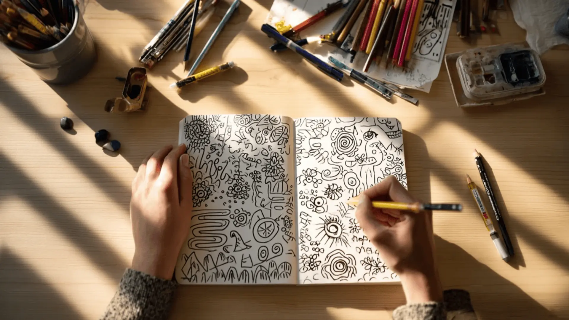 overhead hands doodling spontaneous abstract notebook patterns