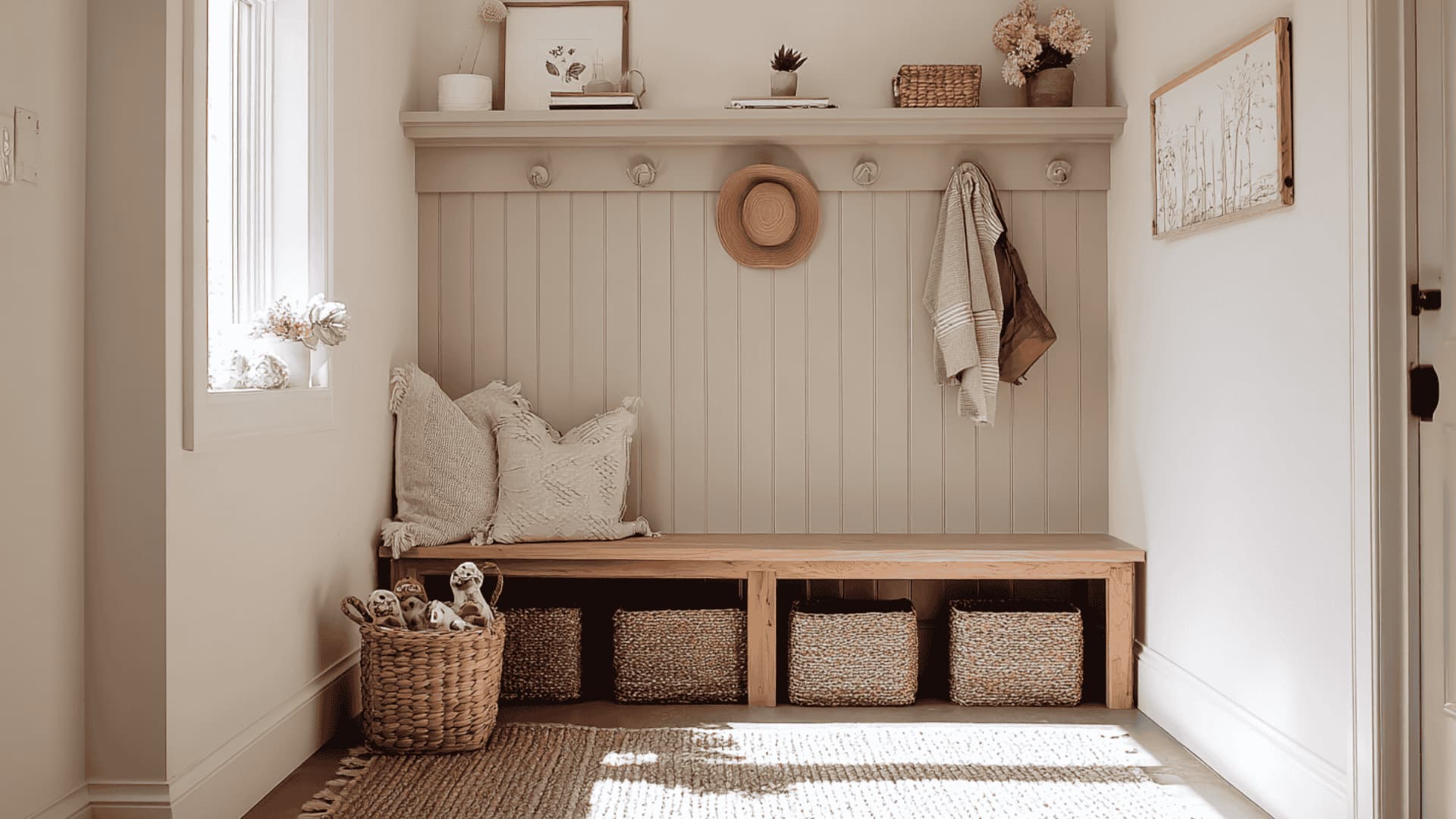 Kid-height mudroom with low hooks and bins for easy self-serve organization.