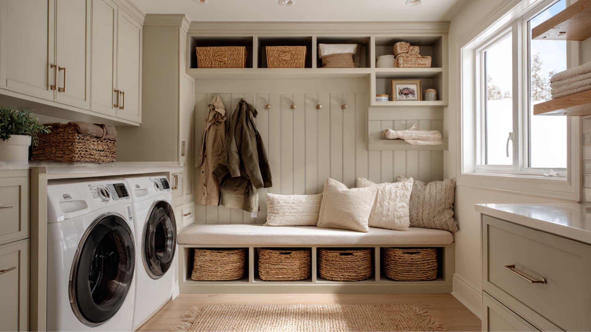 Laundry and mudroom combo with washer, bench seating, and hanging rail for coats.