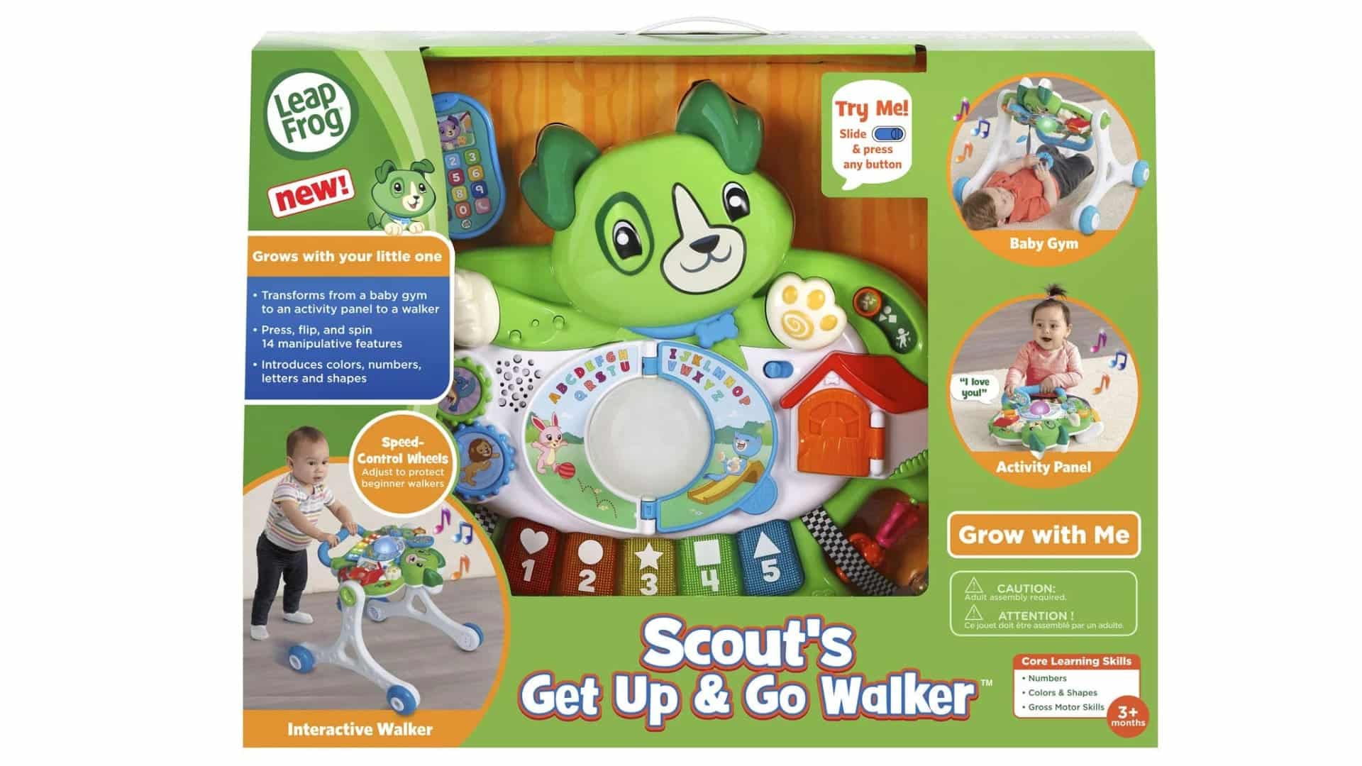 LeapFrog Scout’s Get Up and Go Walker box showing green dog activity panel and baby gym and walker mode images