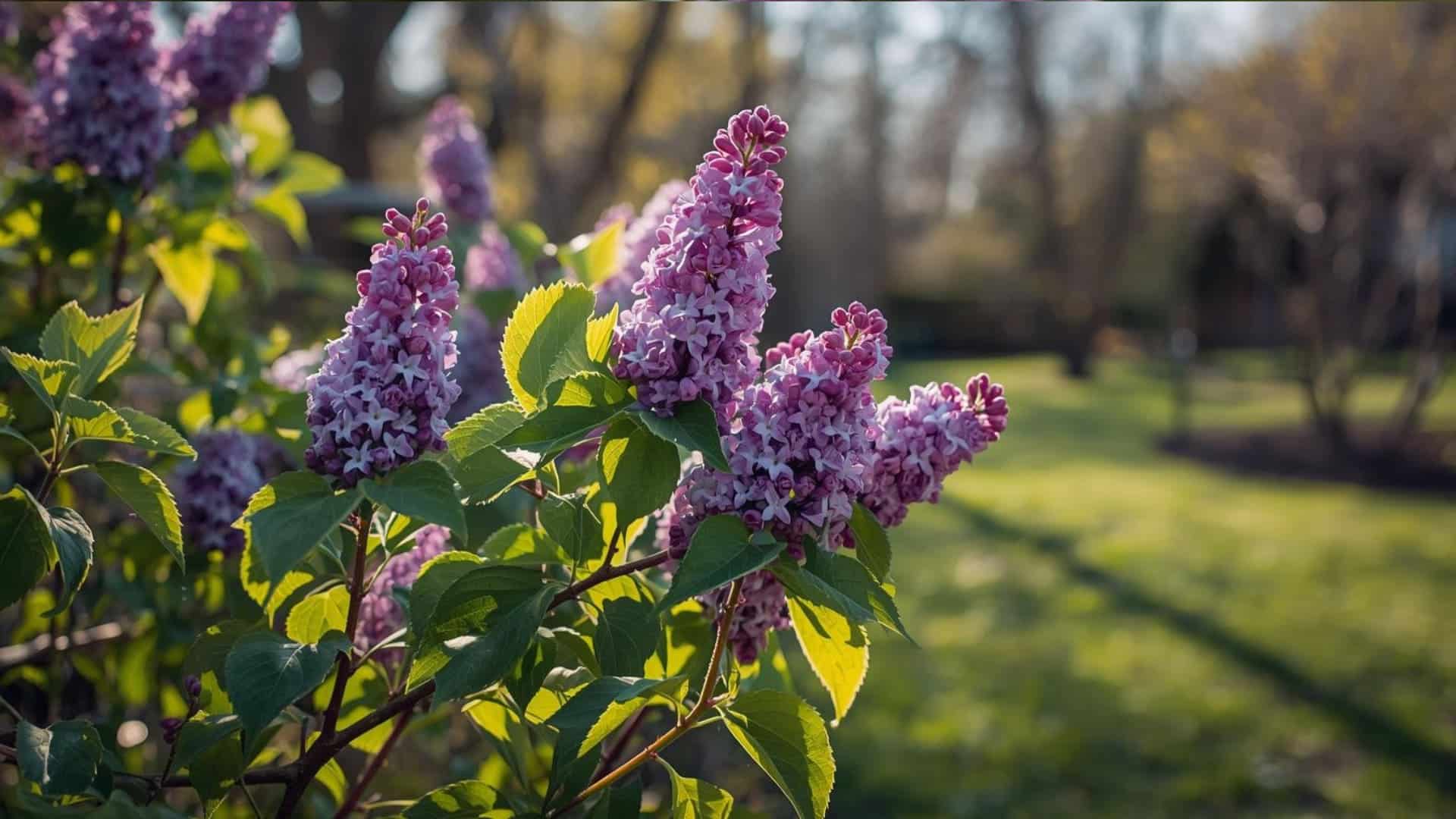 Lilac bush in full bloom with purple flower clusters and bright green leaves, glowing in soft spring sunlight in a backyard garden.