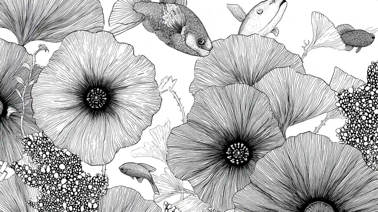 Clean line art illustration with strong black outlines, detailed patterns, and minimal or no color on a plain background