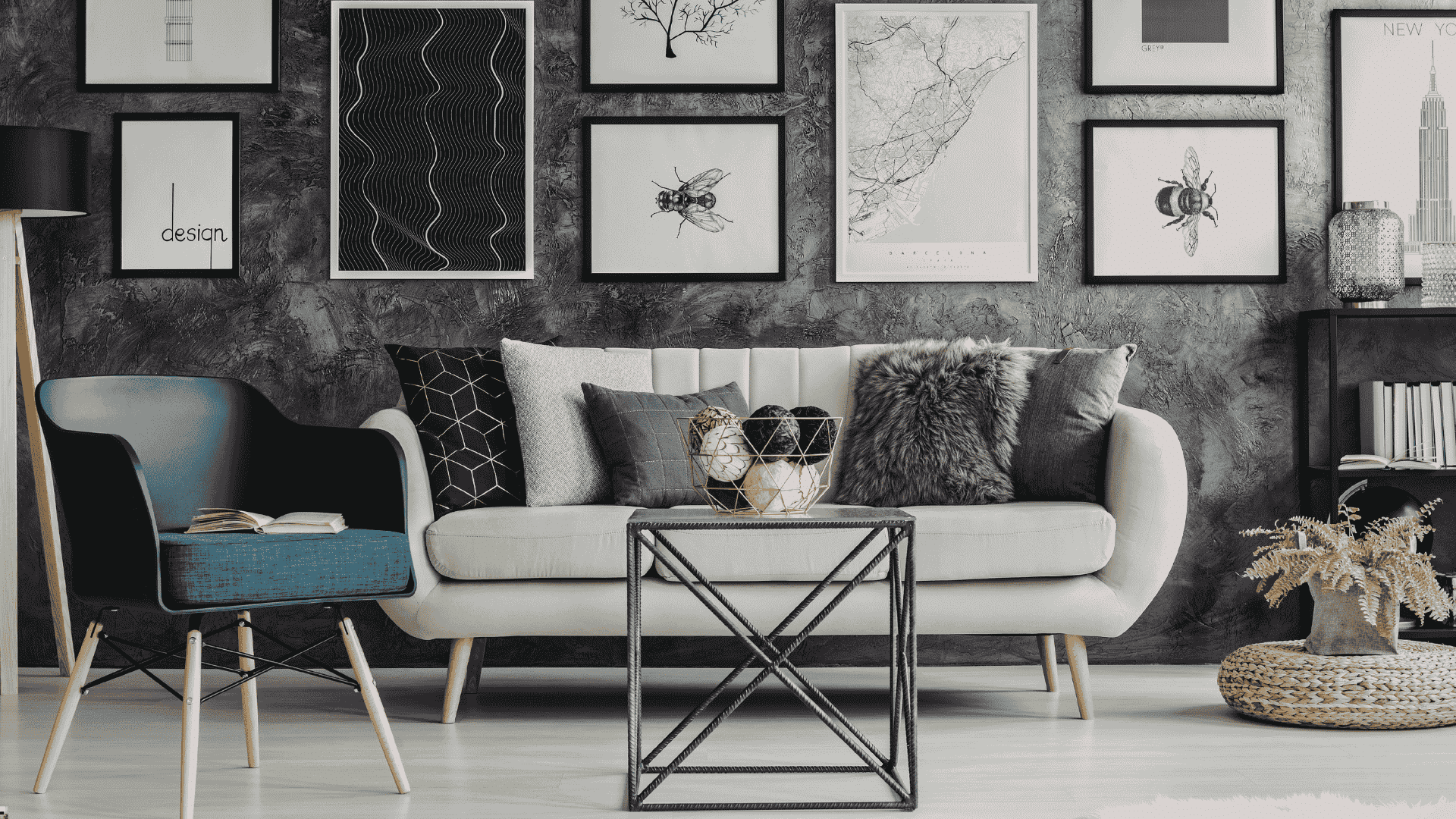 Gallery wall above sofa, mixed frames, balanced width, bottom edge set slightly above the sofa back for harmony