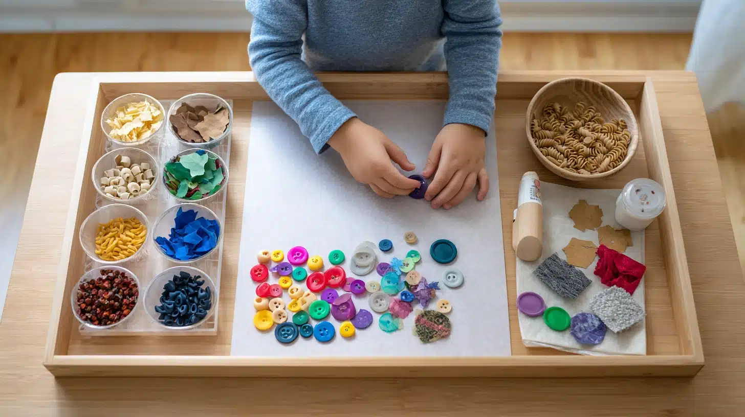 Toddler making a loose parts collage with paper scraps and buttons to practice fine motor control and creative planning.