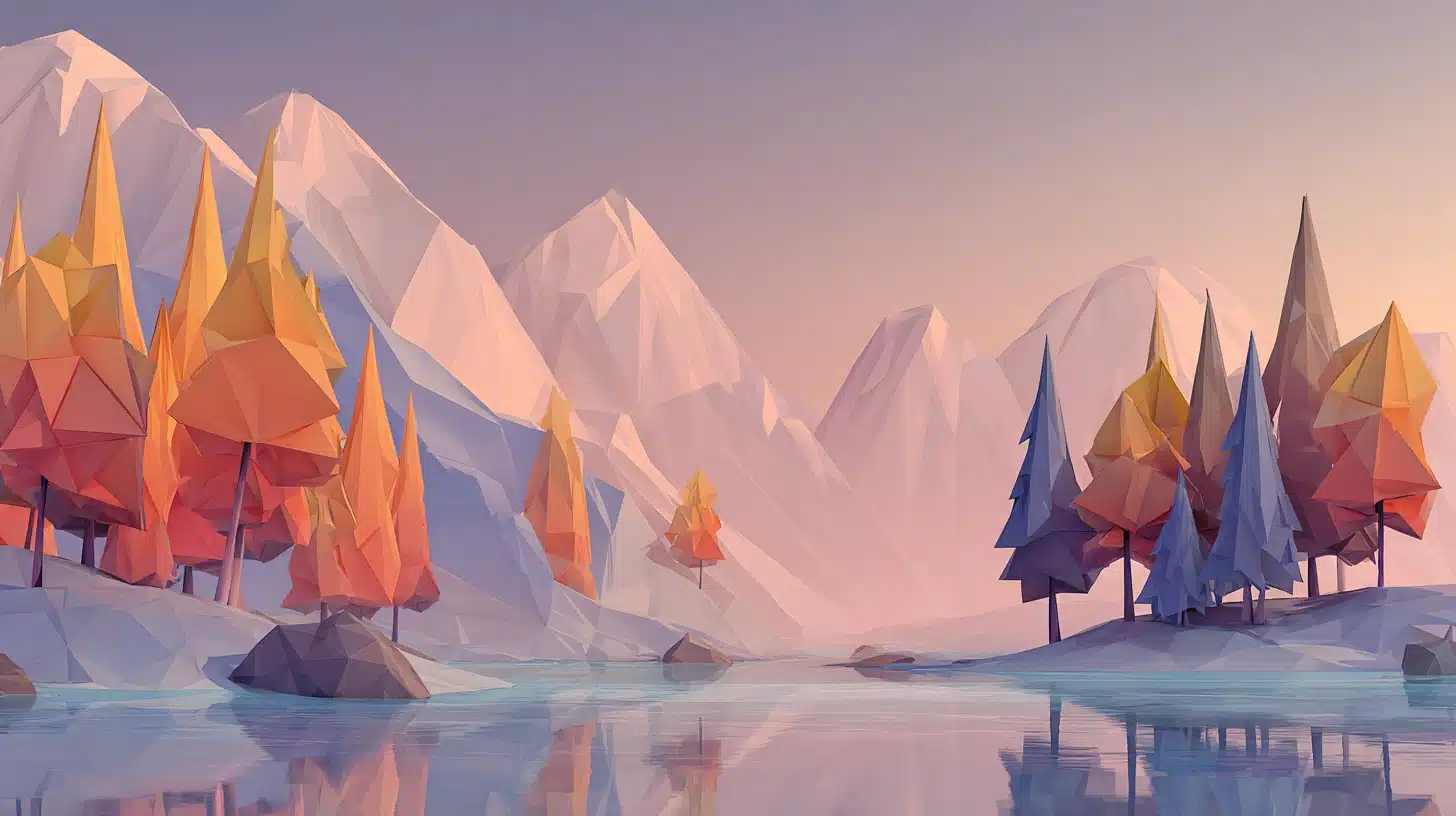 Low-poly 3D landscape with faceted geometric shapes, clean modern look, and soft atmospheric lighting