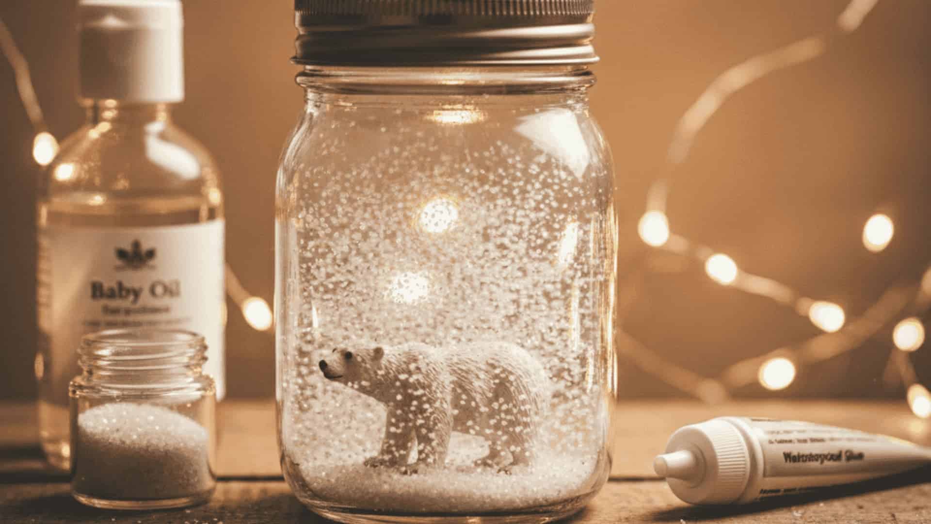 Mason jar snow globe with polar bear figurine and swirling white glitter on cozy shelf with fairy lights in the background