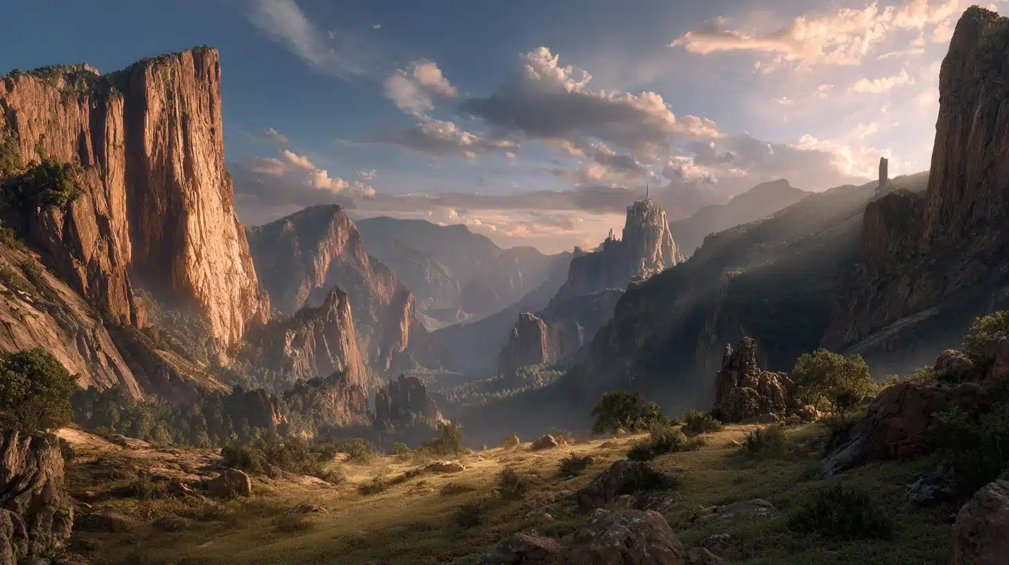 Cinematic matte painting of a vast fantasy landscape with realistic atmosphere, dramatic lighting, and believable large-scale world-building