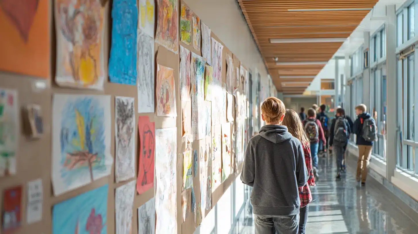 Student artwork displayed in a school hallway for a mental health awareness contest