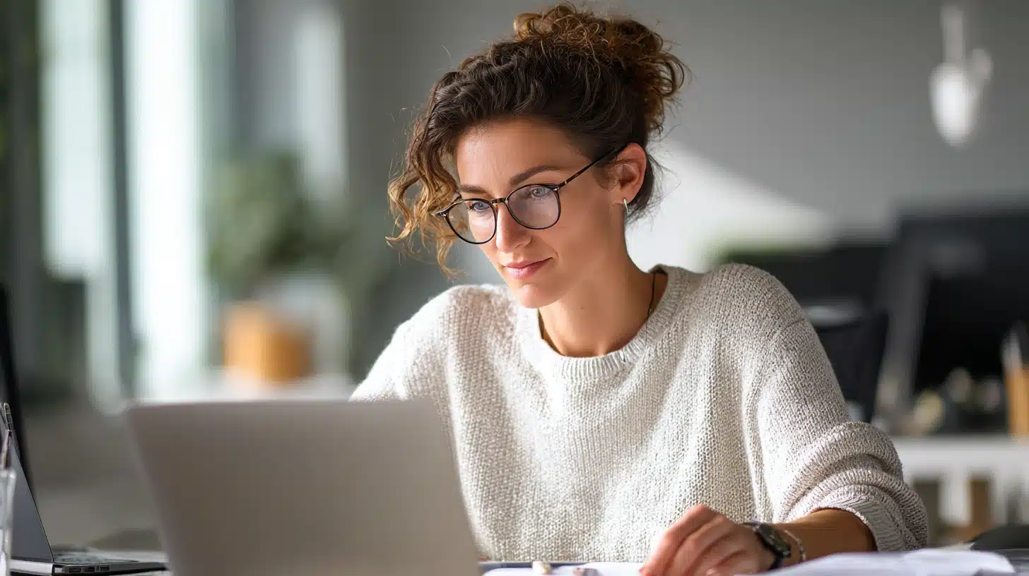 Person creating a mental health myth-busting post on a laptop in an office setting