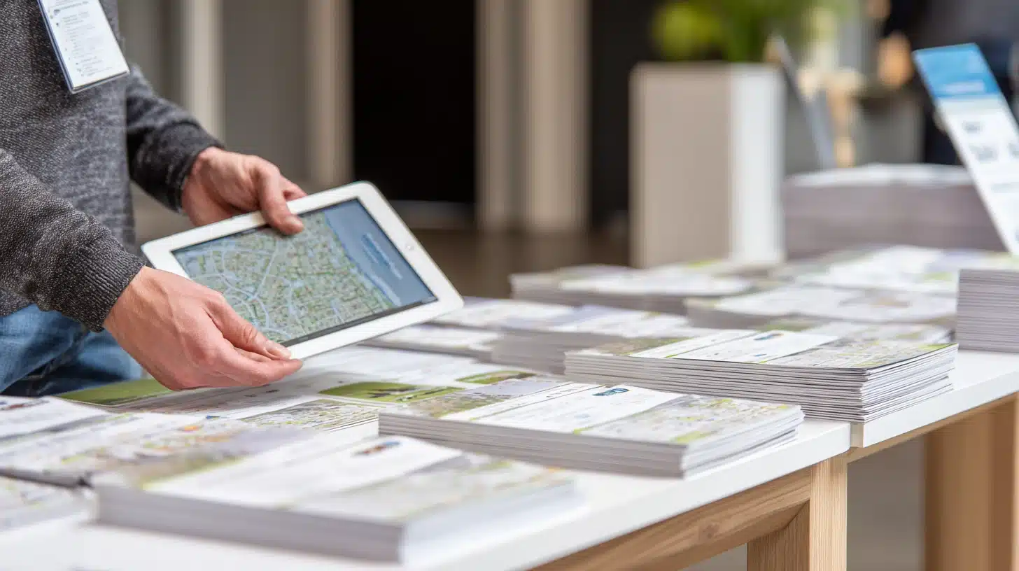 Person picking up a local mental health resource guide from a community information table