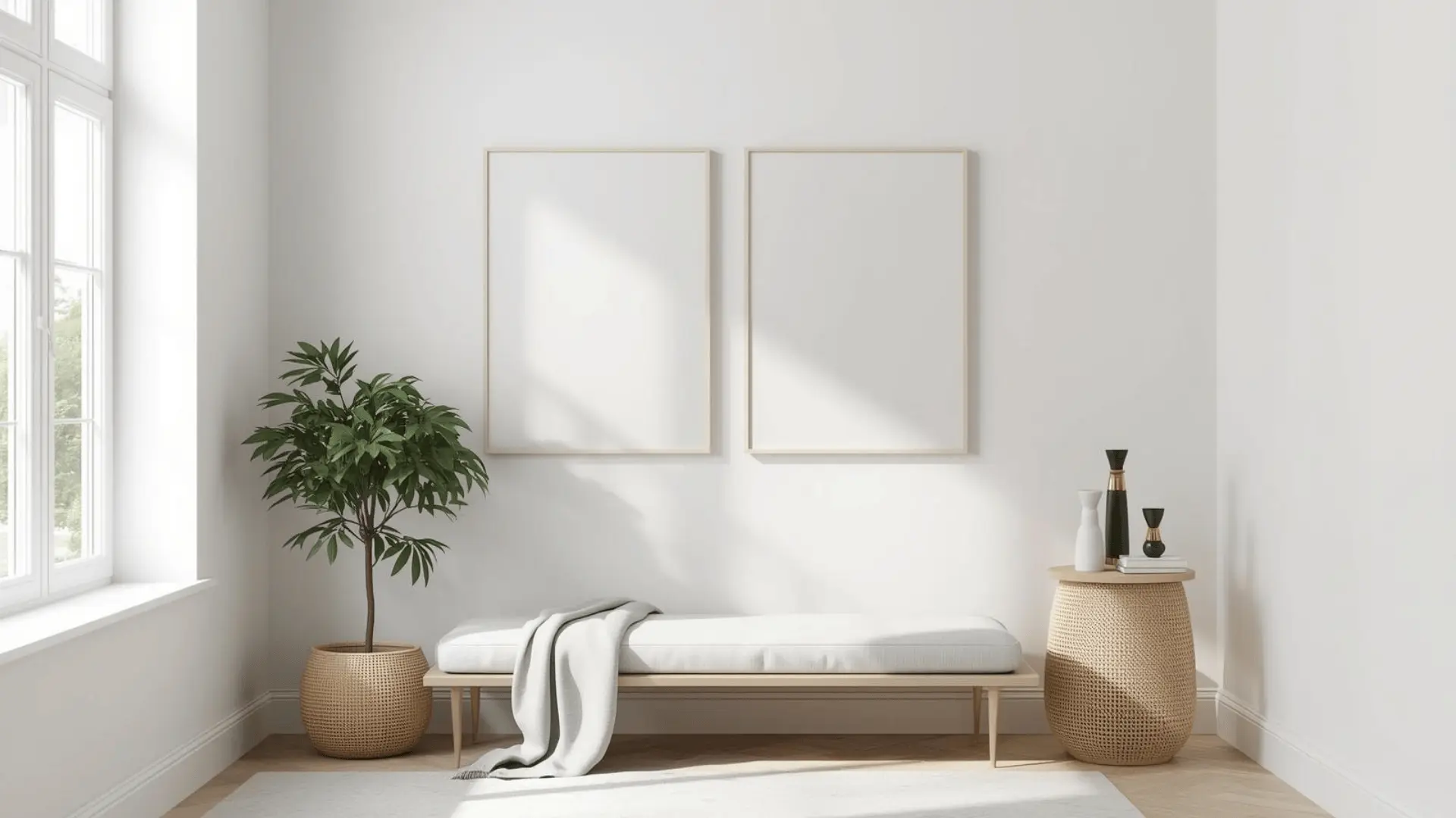Minimalist gallery wall with two to four simple frames, wide spacing, neutral prints, clean lines, calm wall space