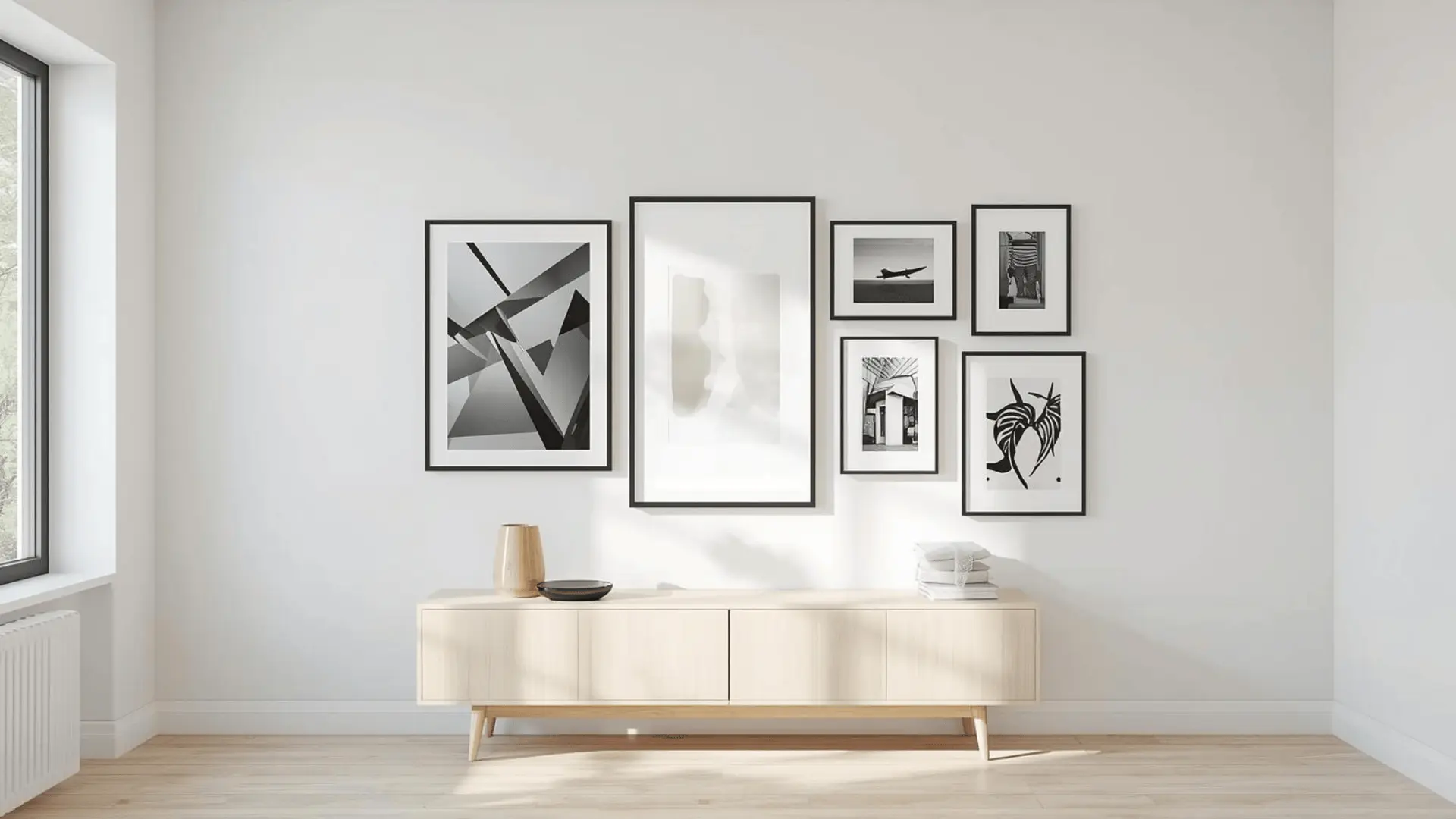 Modern gallery wall with matching thin black frames, white mats, black-and-white prints, and even spacing on the wall